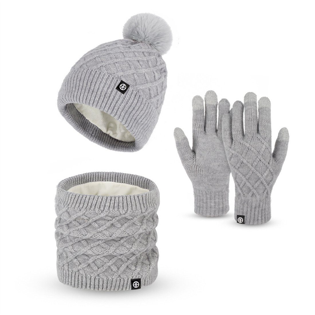 DÖRÖY Strickmütze Winter gepolstert Schal Mütze Stück, Handschuhe Schwarz 3 Warm Set Warm