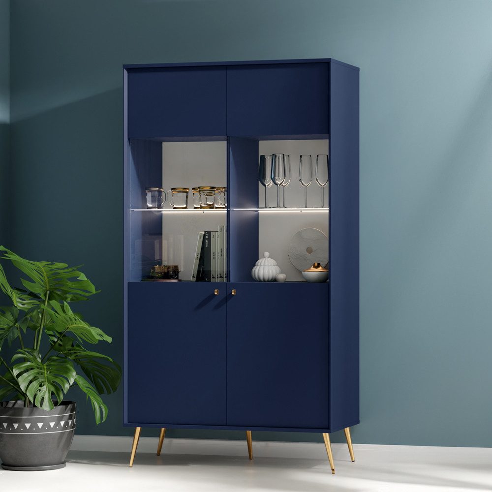 Lomadox Vitrine RIPLEY-166 modern dunkelblau mit Beleuchtung und goldenen Details