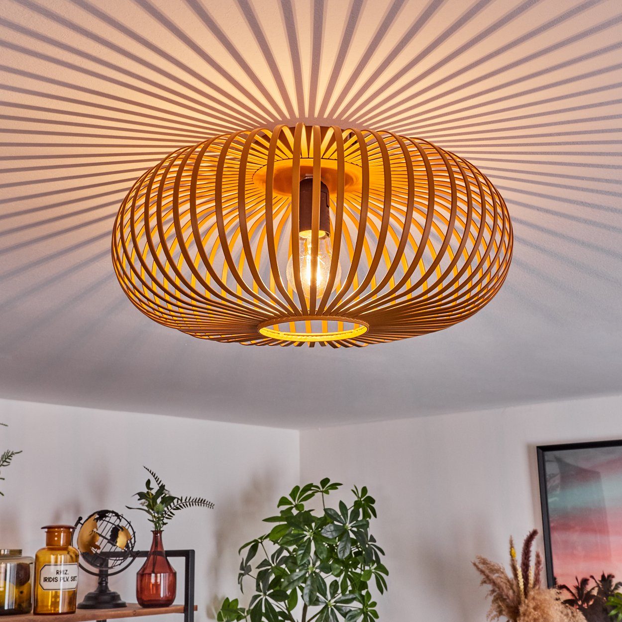 hofstein Deckenleuchte runde Deckenlampe aus Metall in Ockerfarben, ohne Leuchtmittel, Retro-mit Lichteffekt durch Gitter-Optik, Ø 40,5cm, E27-Fassung.