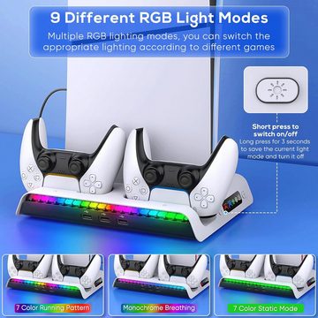 zggzerg PS5 Slim Ladeständer Stand mit Lüfter, Kühler für Playstation 5 Slim PlayStation 5-Controller (Station für DualSense/Edge Controller, RGB, Headset Hook, 3 USB Hubs)