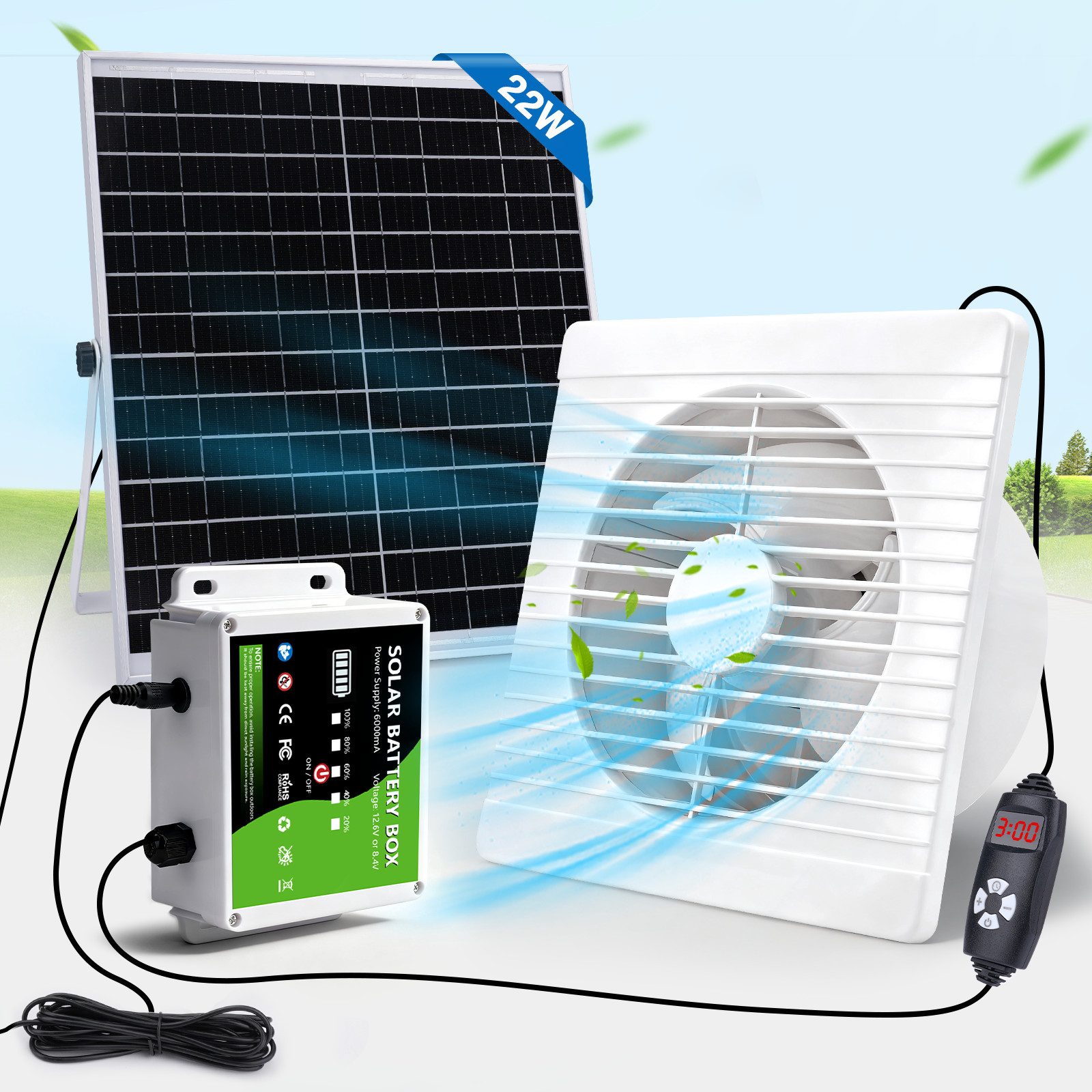 XERSEK Wandventilator Abluftventilat mit 22W Solarpanel Wandlüfter inkl. Timer & Akkuanzeige, Verstellbare Geschwindigkeit, leise<36 dB Solar Lüfter für Hühnerstall
