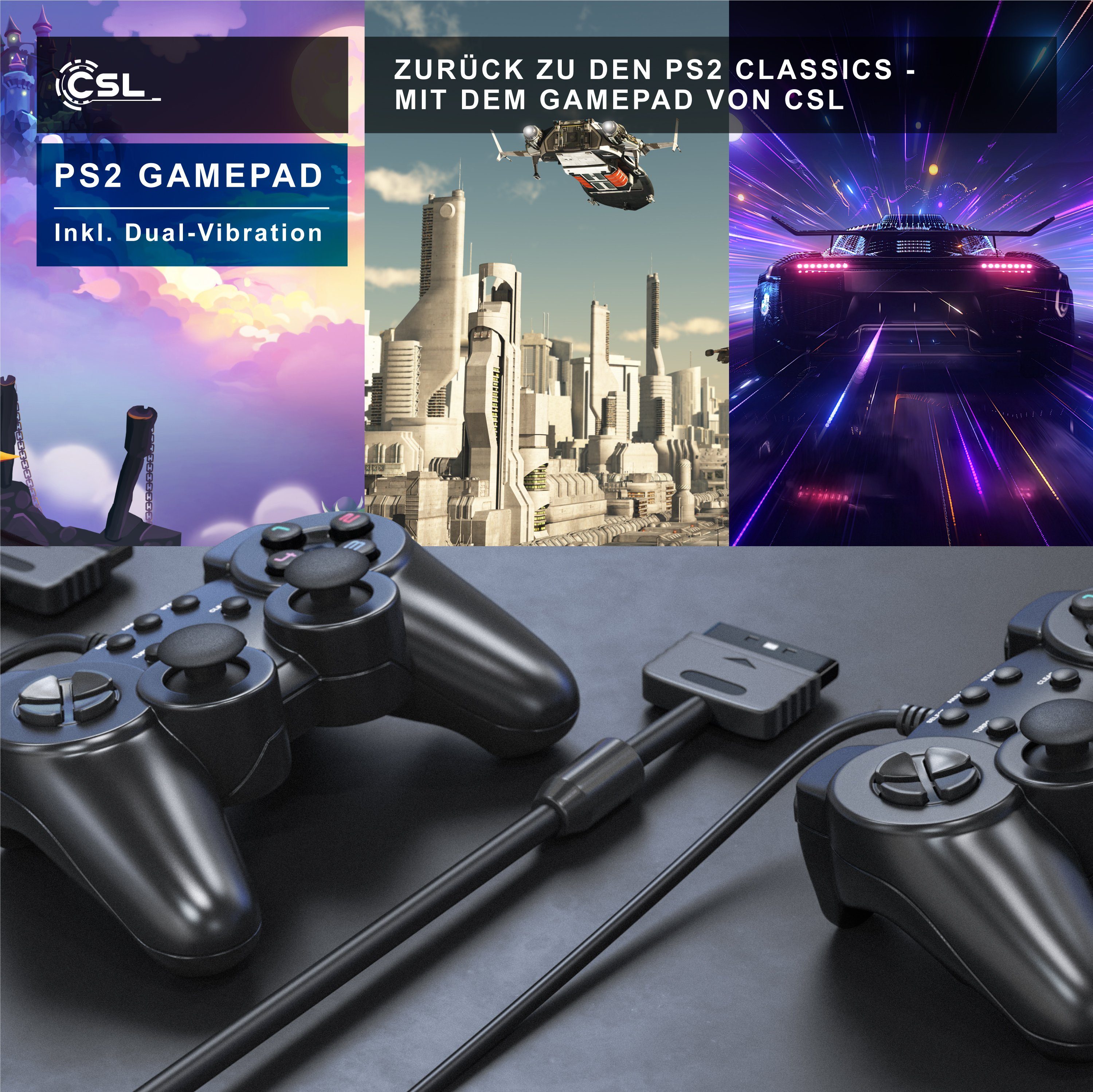 CSL PlayStation-Controller (1 St., PS2 Gamepad mit Dual Vibration (Rumble Effekt), Präzision & Komfort)