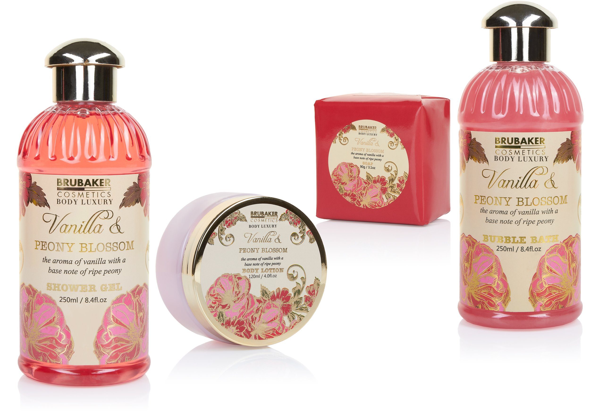 BRUBAKER Pflege-Geschenkset Dusch- und Badeset - Peony Vanilla Pflegeset mit Pfingstrose & Vanille Duft, 7-tlg., Frauen Geschenkset in Deko Badewanne