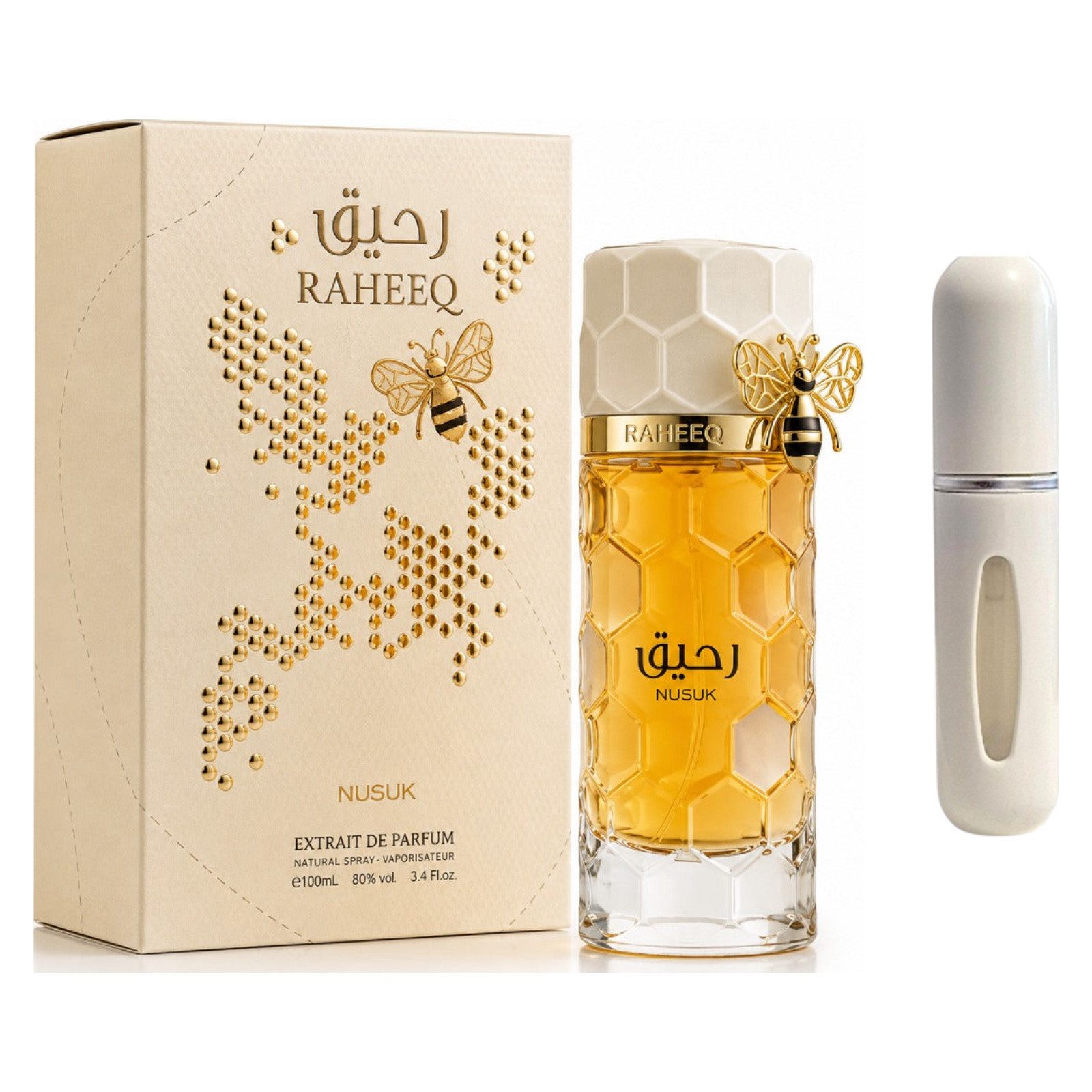Nusuk Duft-Set Raheeq Parfum Extrakt – Orientalisch Blumig + Parfümzerstäuber (leer)