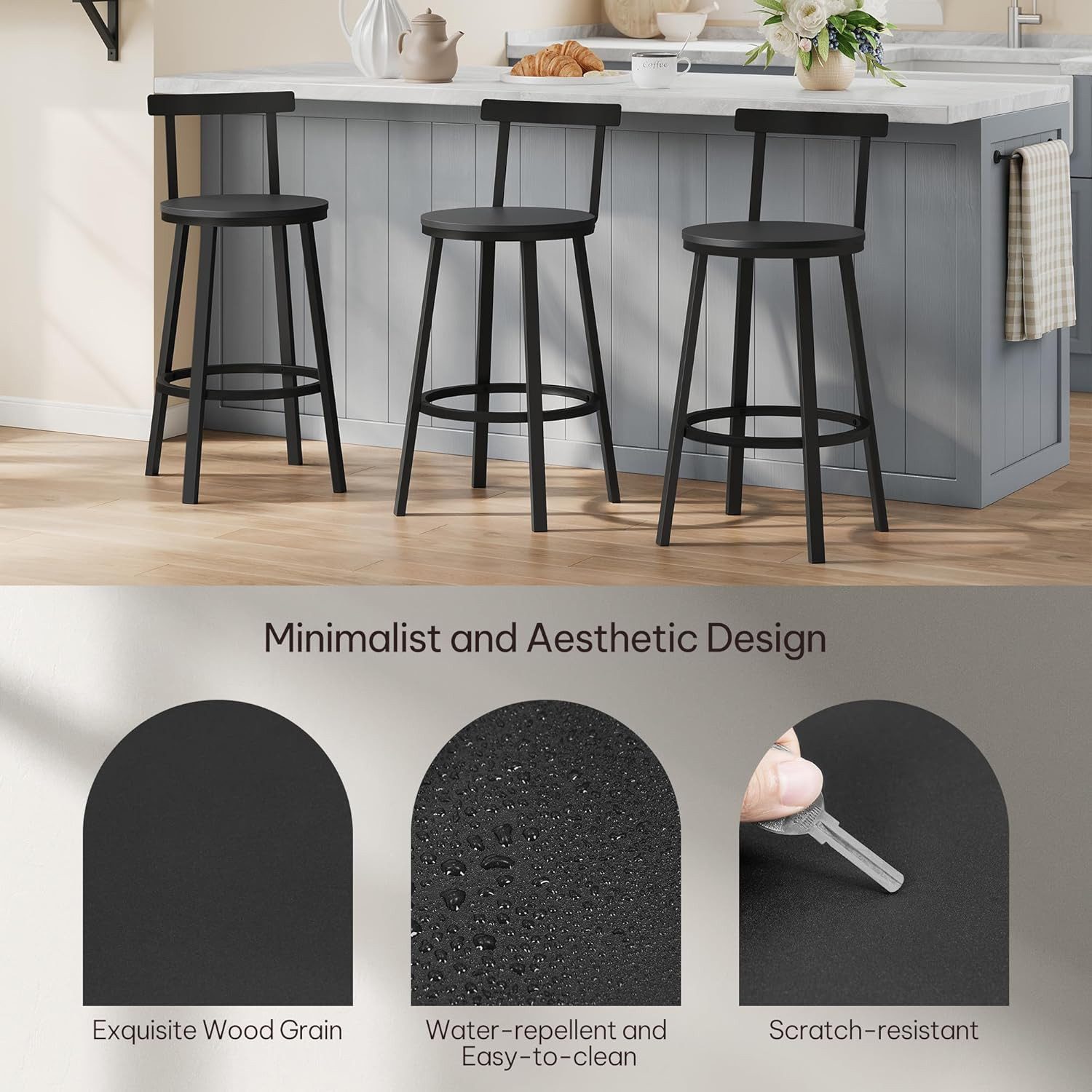 Woltu Barhocker (2 St), Barstuhl rund, mit Lehne Fußstütze, Metallgestell