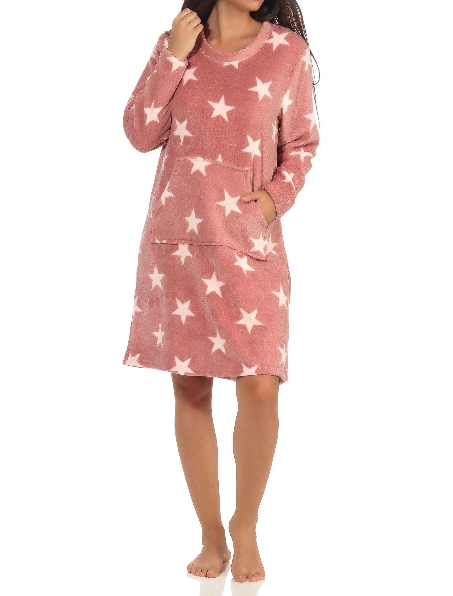 Normann Nachthemd Damen Nachthemd Hauskleid in Sterne Optik aus kuschel Coral Fleece