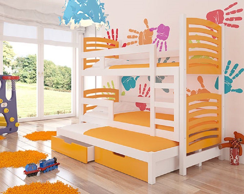 Feldmann-Wohnen Hochbett SORIA (Etagenbett mit 3 Schlafgelegenheiten) Farbe wählbar Kiefer weiß / Absetzungen: orange | Hochbetten