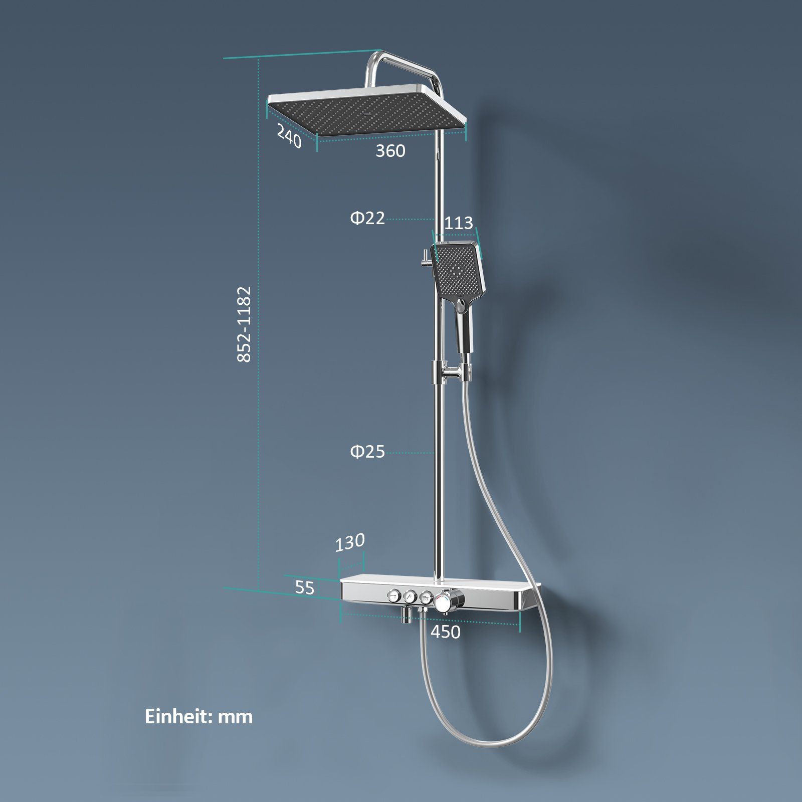 EMKE Duschsystem mit Thermostat Regendusche Komplettset mit Thermostat und Duscharmatur, Höhe 85 cm, 3 Strahlart(en), mit Ablage und Kopfbrause, Farbe: nthrazit Matt/Chrom/Weiß