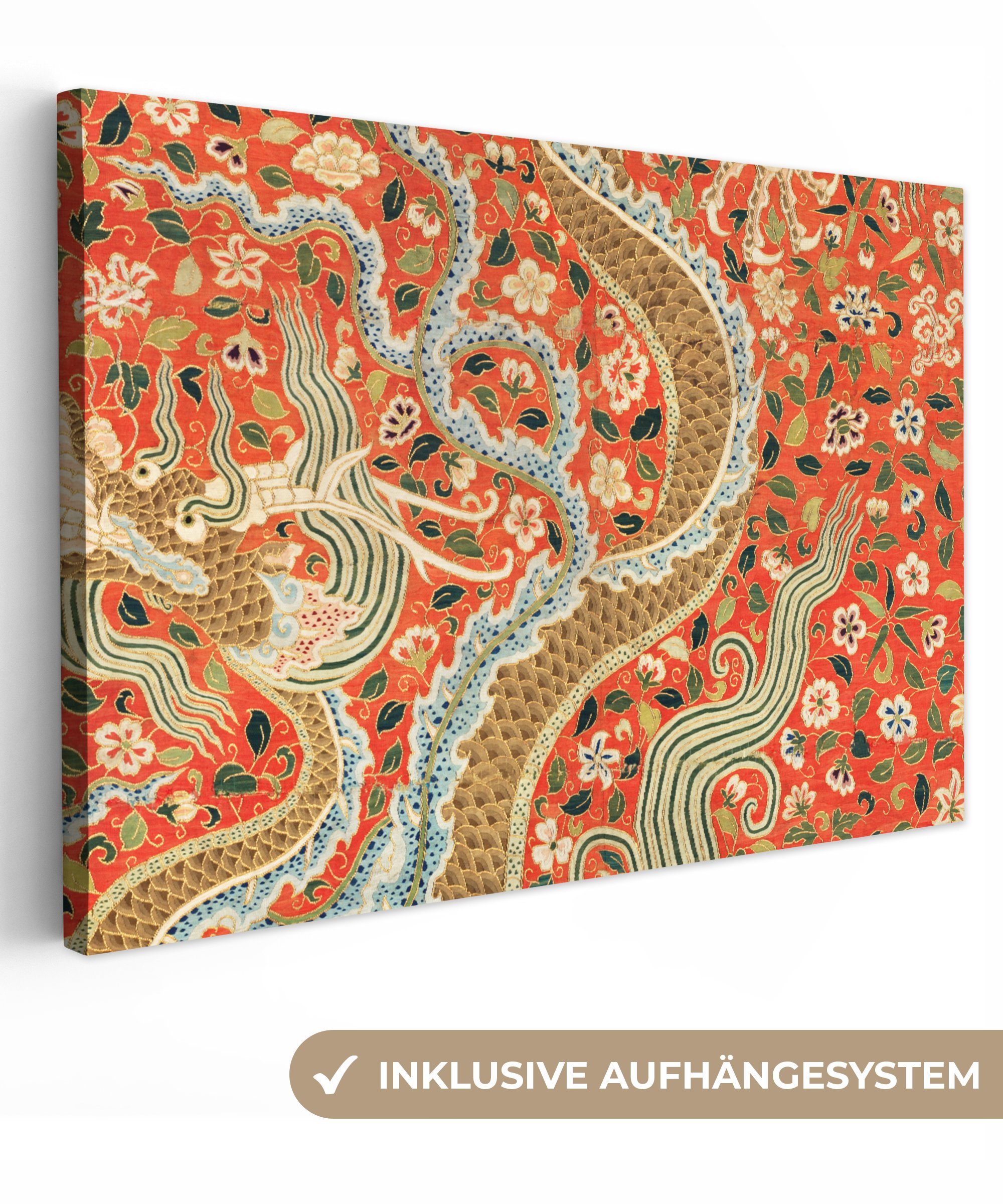 Leinwandbild Vintage - Drache - Blumen - Orange