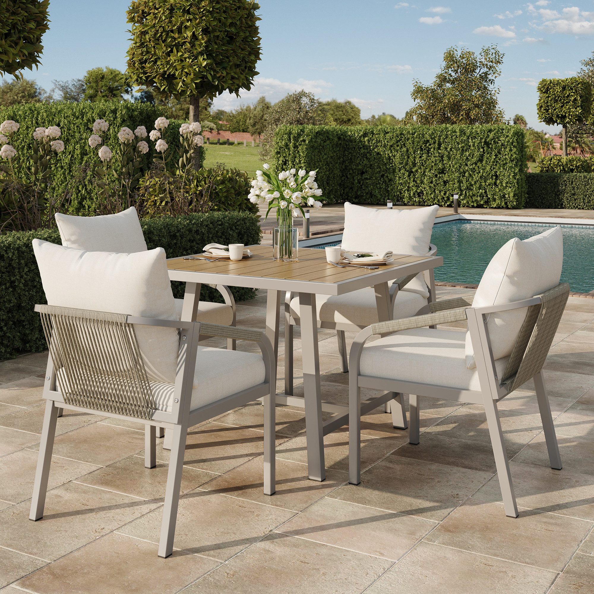 Flieks Garten-Essgruppe, (5-tlg), 4-Sitzer Essgruppe Gartenmöbel mit geflochtenem Seildesign
