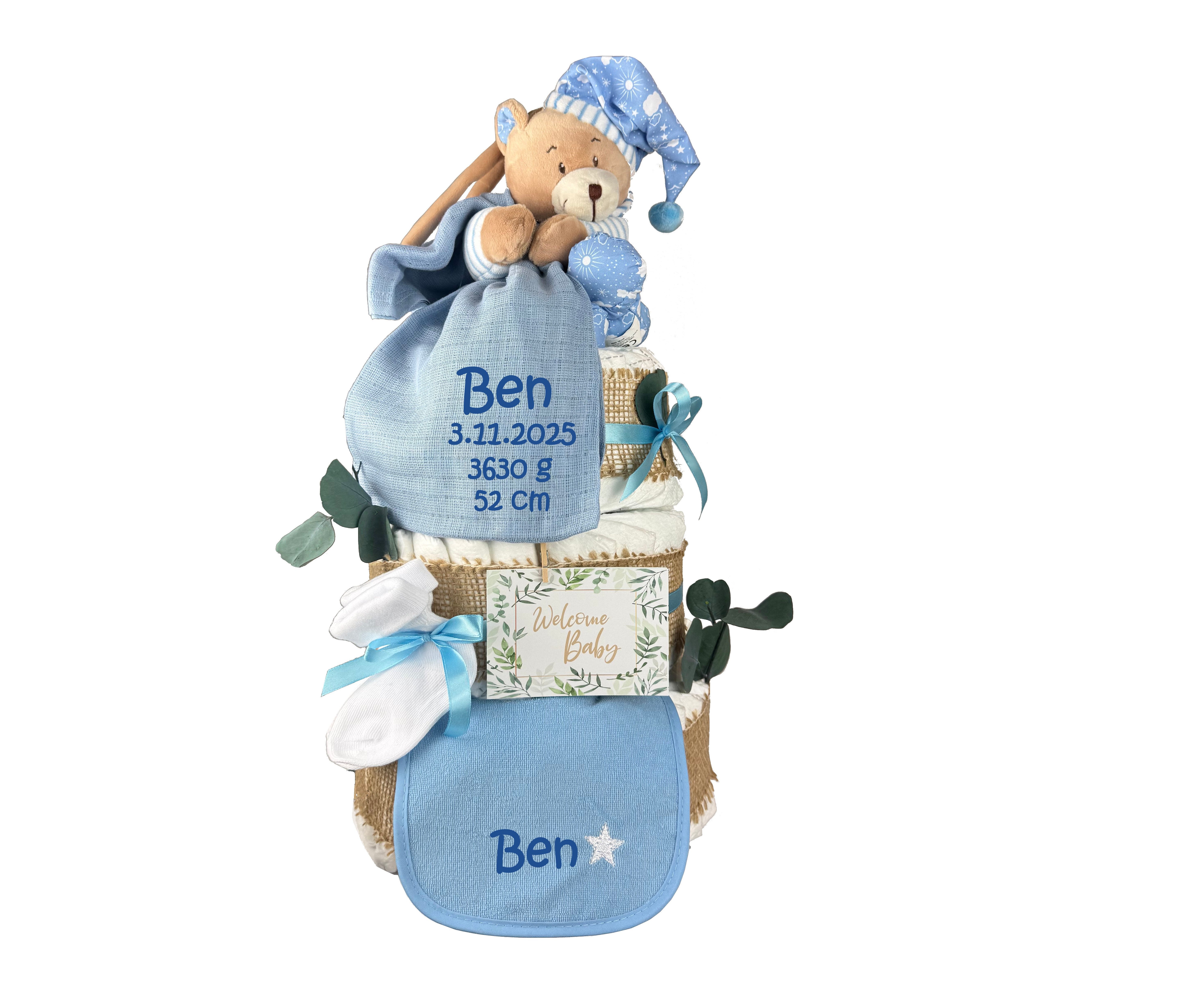 Neugeborenen-Geschenkset Große personalisierte Windeltorte