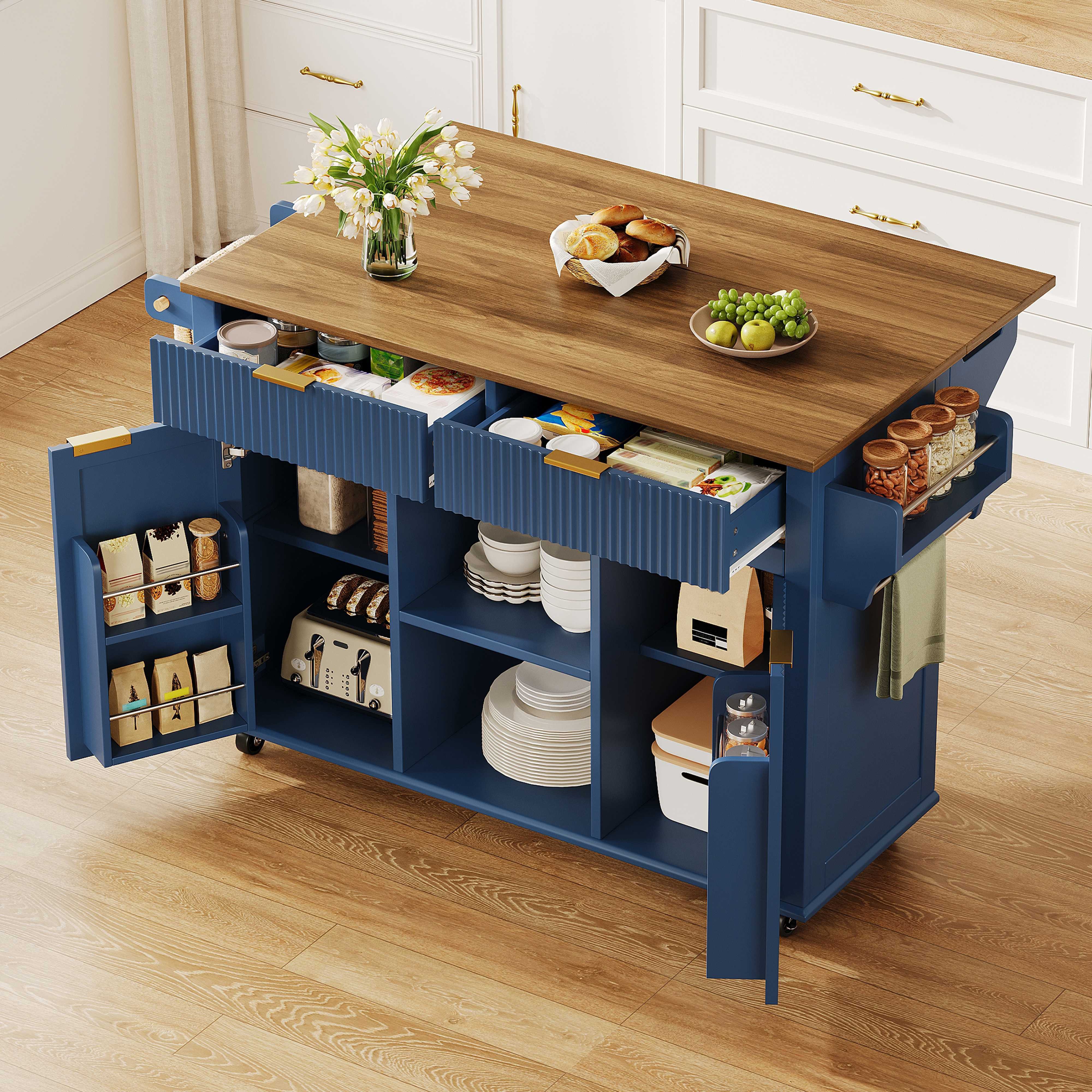 BlingBin Kücheninsel mit klappbarer Arbeitsplatte,Küchenwagen mit 2 Schubladen, 2 Türen, (2 Packung), Rollbarer Küchenschrank mit Stauraum,Gewürzregalen und Handtuchhaltern