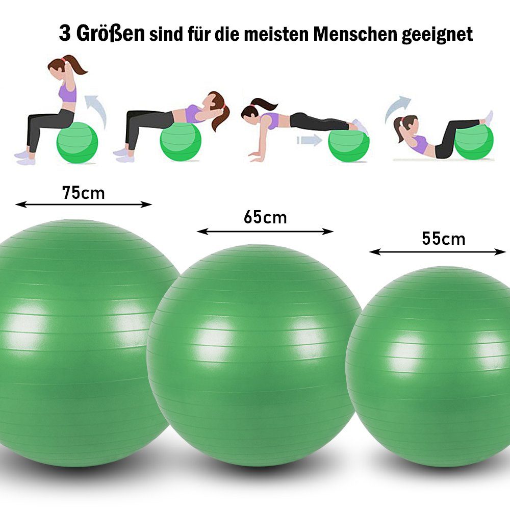 KAHOO Gymnastikball Ø55/65/75cm Massageball mit Grün bis 400kg, Fitnessball Luftpumpe