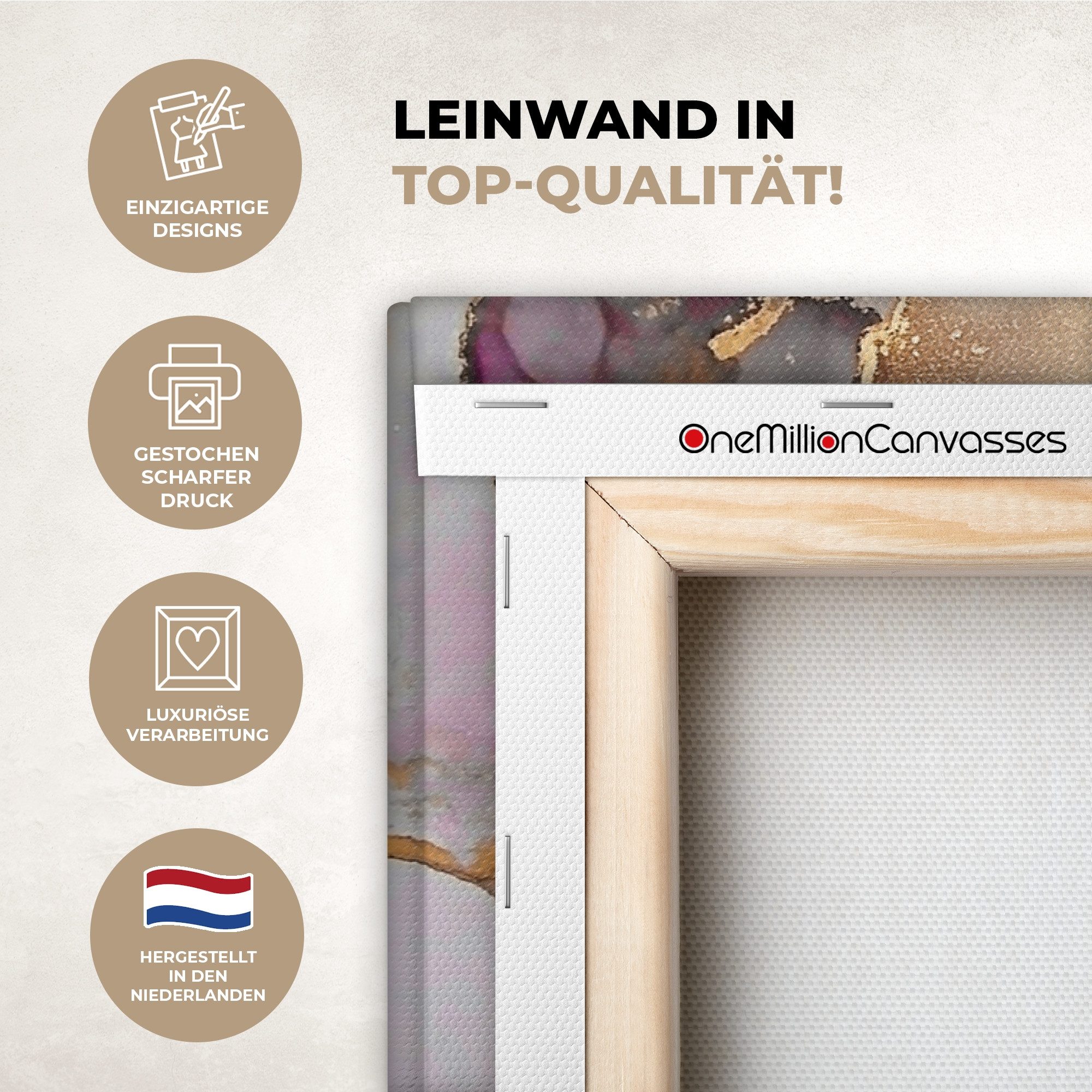 OneMillionCanvasses® Leinwandbild Panorama Marmor - Abstrakt - Gold - Lila, Fotodruck (1 St), Wandbild, Deko Schlafzimmer Wohnzimmer Flur 40x20 cm