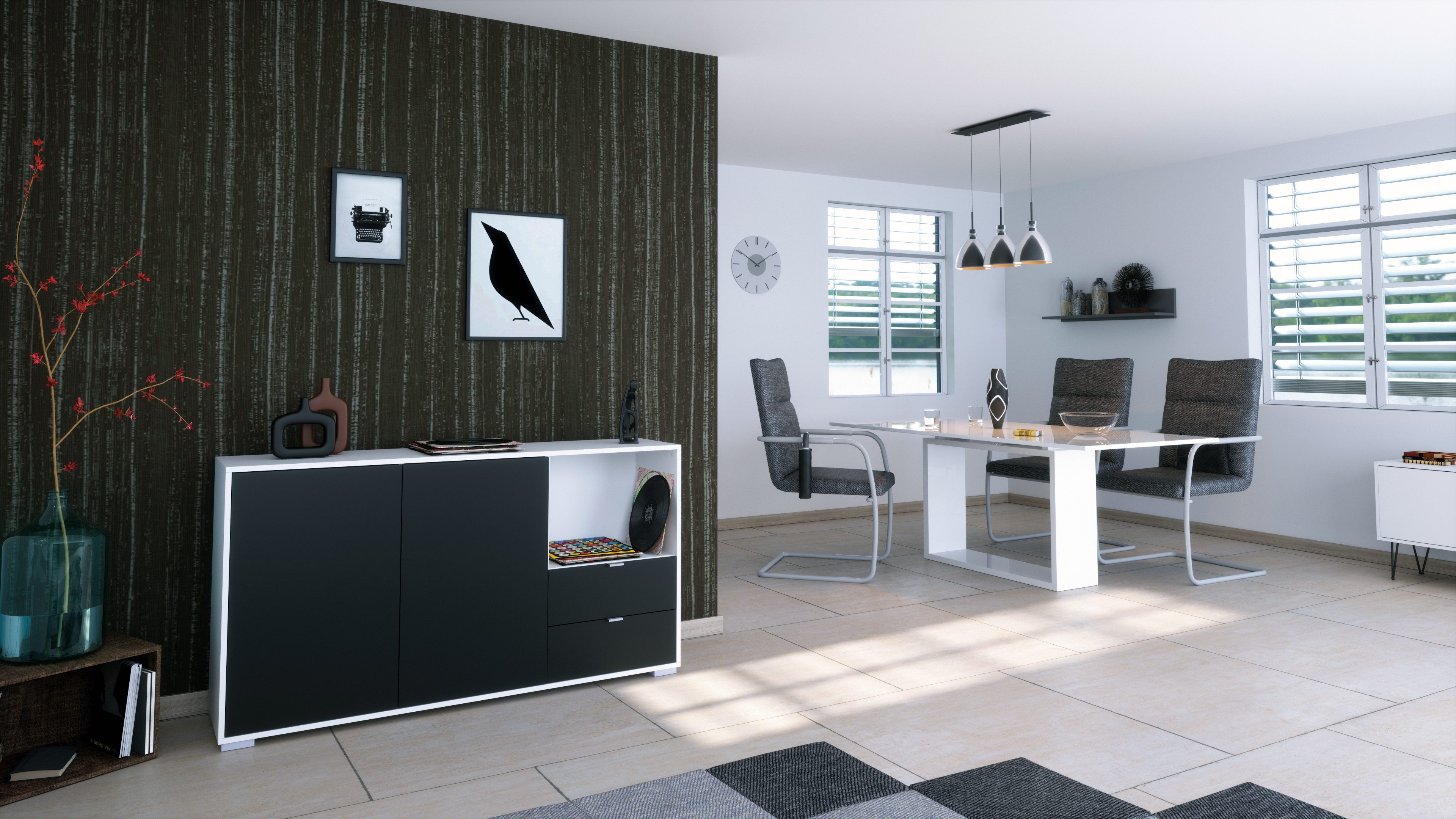 Vladon Sideboard Milano (Kommode mit 2 Türen Schwarz matt, 2 Schubladen Schwarz matt, Made in Germany), Korpus Weiß matt (152,5 x 83 x 37 cm)