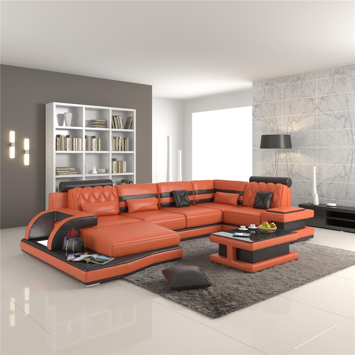 JVmoebel Ecksofa Ecksofa Ledersofa Big xxl U Form Wohnlandschaft Sofa Couch, Made in Europe Orange/Schwarz