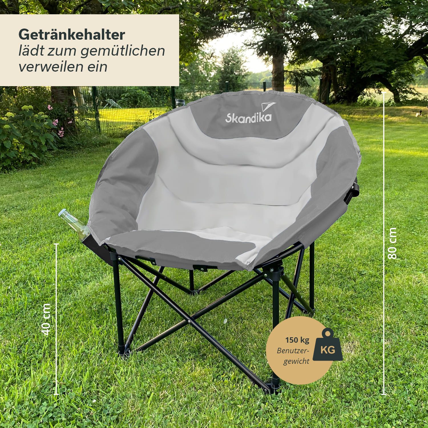 Skandika Campingstuhl Moonchair Sirkka Gartenstuhl, Faltsessel bis 150 kg, klappbar, faltbar (stabiles Rahmensystem, praktische Seitentasche), gepolstert, Tragegriff, Kühlfach, Anti-Rutsch-Füße, Mondsessel Camping