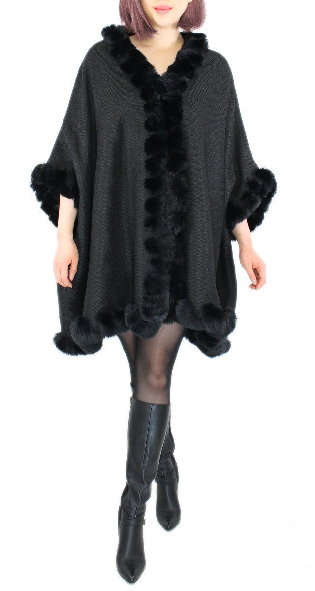 dy_mode Poncho Damen Poncho mit Innenfutter und Kunstfell in Unifarben und Meliert mit Innenfutter