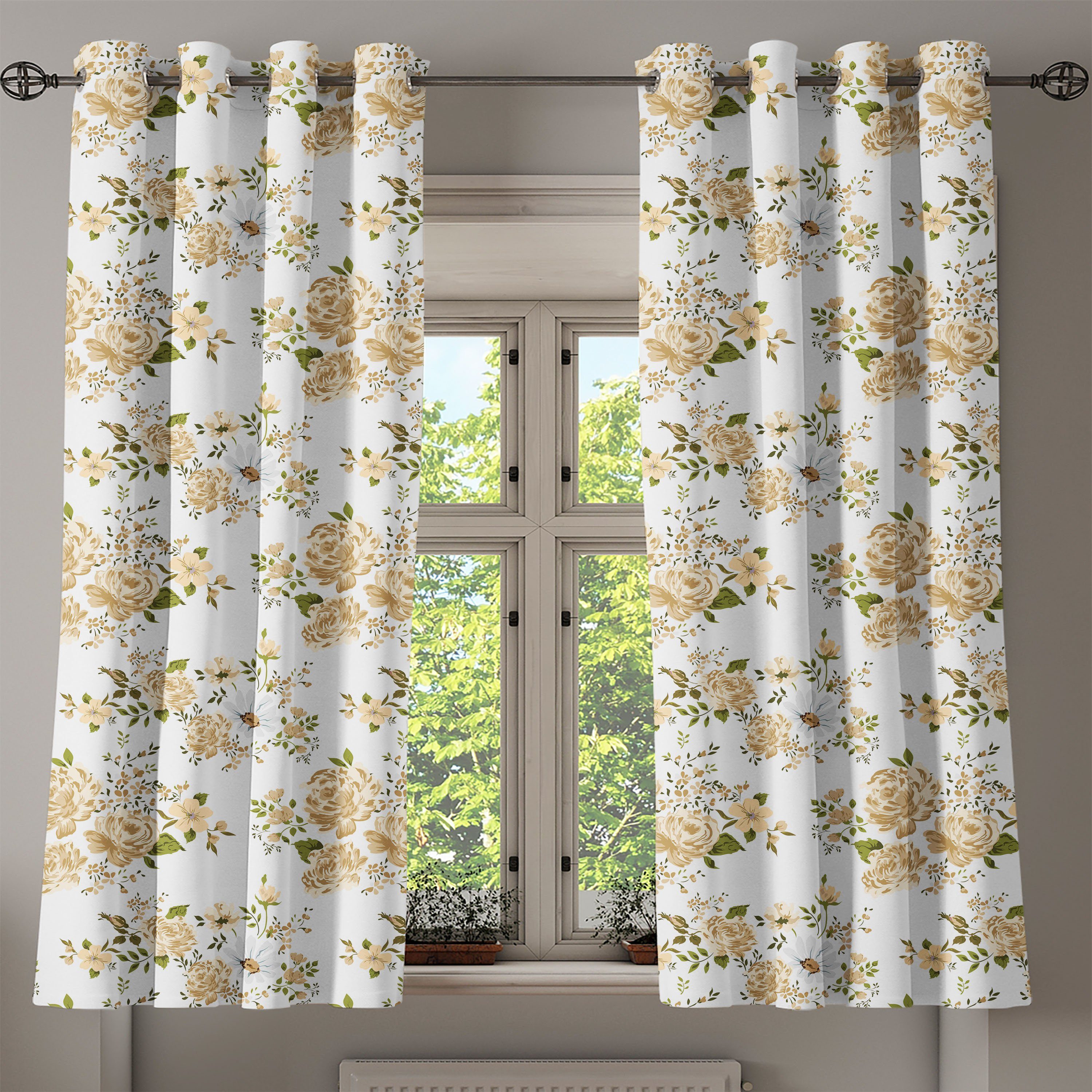 Gardine Dekorative Abakuhaus, Wohnzimmer, für 2-Panel-Fenstervorhänge Blumen Floral Vector Schlafzimmer Roses