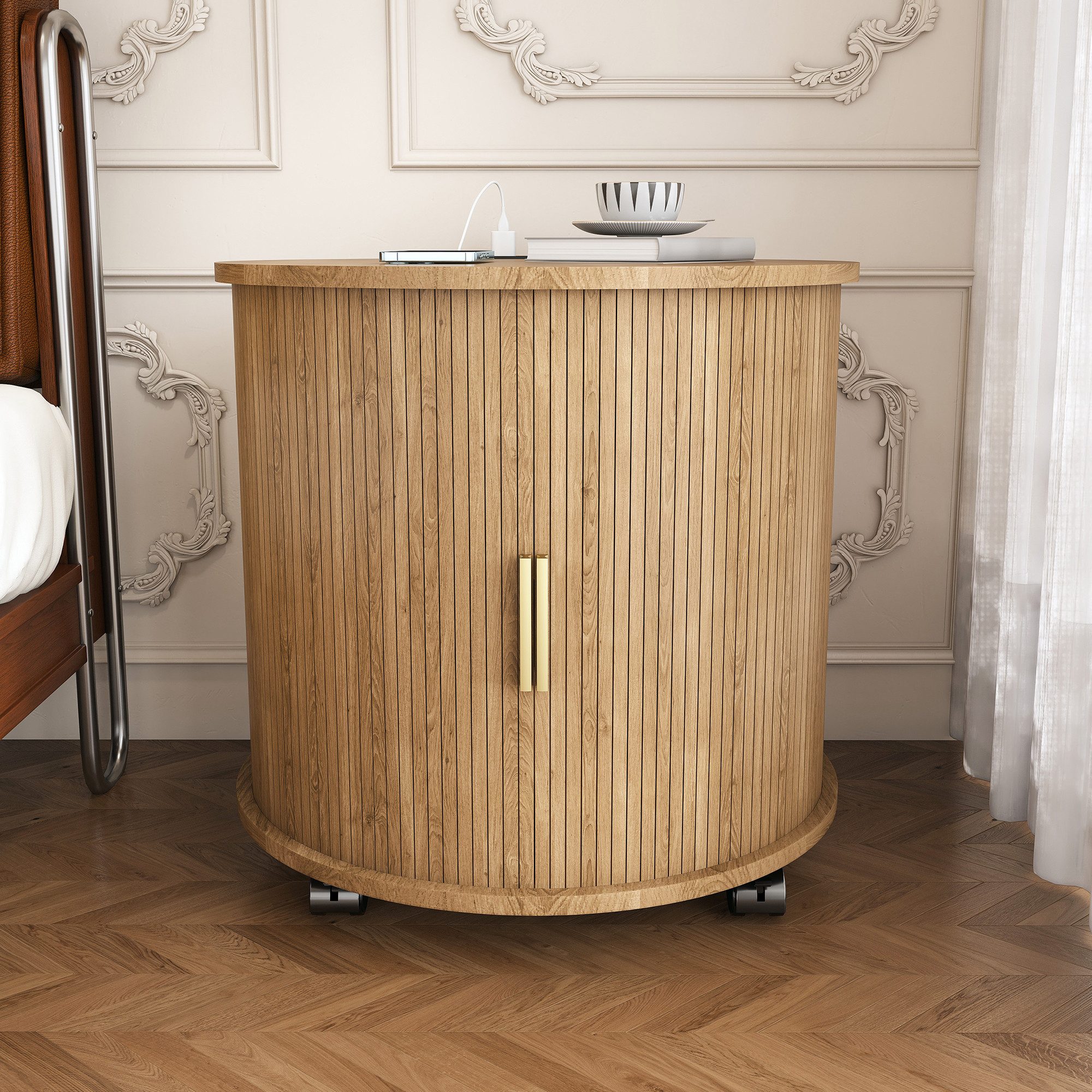 STILVORA Sideboard Nachttisch mit Ladestation Beistellschrank mit Stauraum, Eiche (Zylindrischer Beistelltisch mit Ladestation, Schiebetür & Rollen, Walnuss-Optik Holzwerkstoff, rund, 2 Ebenen, ca.45×45×55cm), für Schlafzimmer, Wohnzimmer oder Flur, rundes Design ohne Ecken