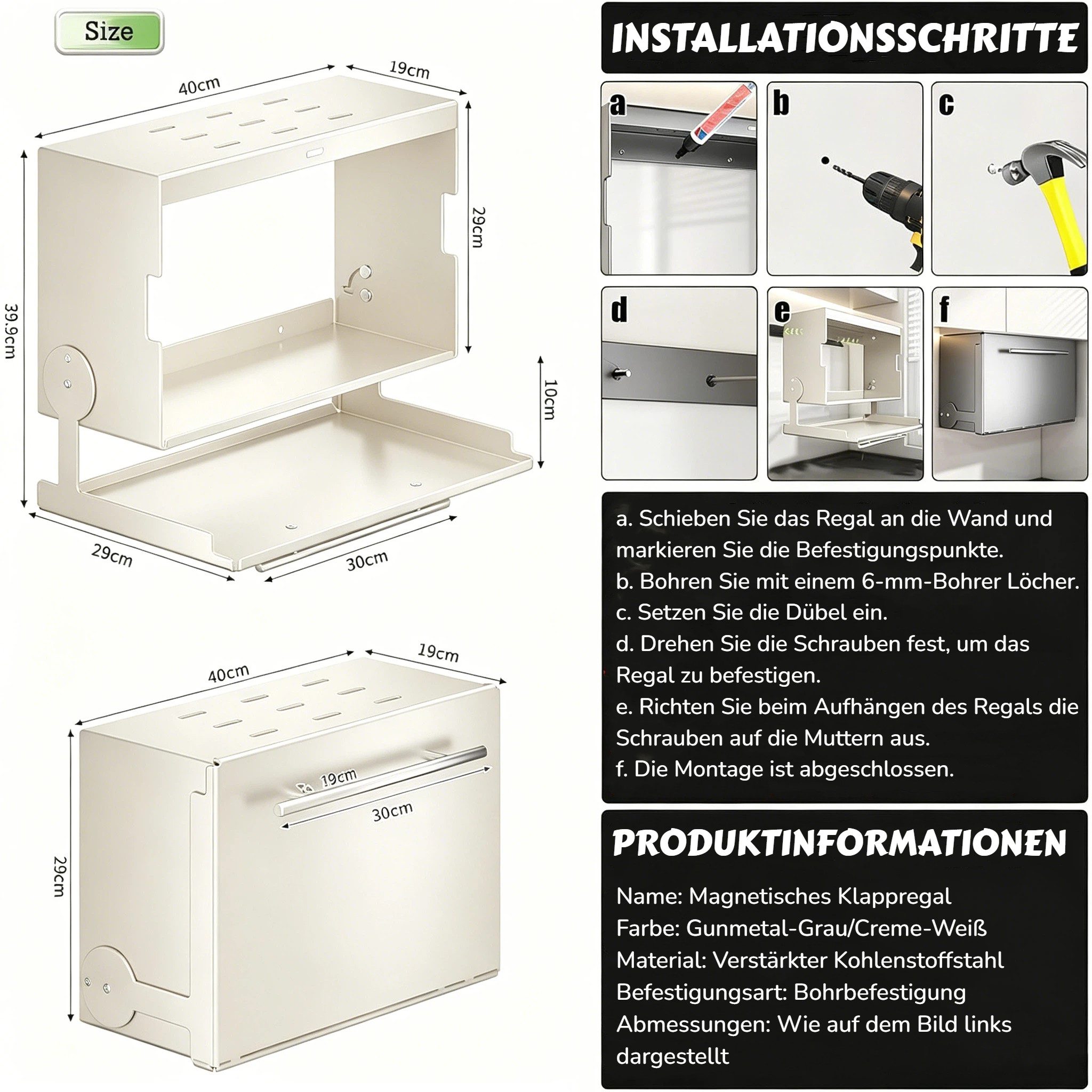 BlingBin Küchenregal Wandschrank Organizer mit Klapptür, Metall-Hängeschrank - 40x19x29cm, 1er Set, Tragfähigkeit: 25 kg, Flip-Top-Design für Besteck, Geschirr  – Bild 2 von 5