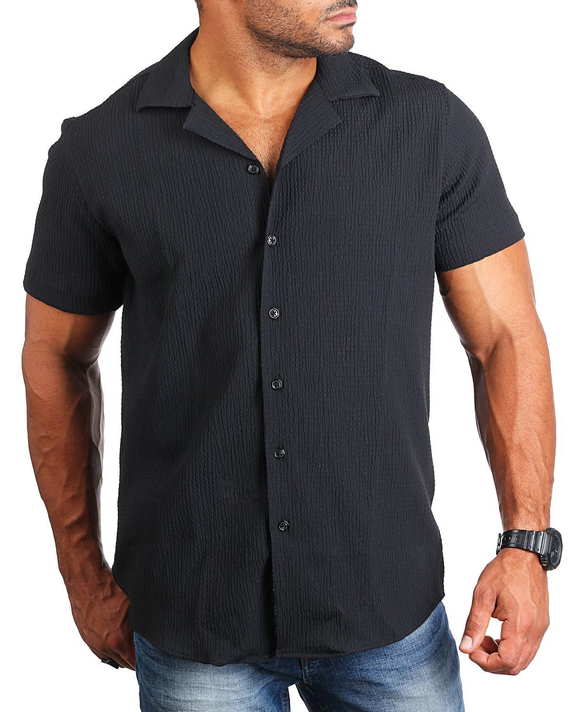 Kurzarmhemd Hemd trendige Riffel Optik retro Look stretch 9172