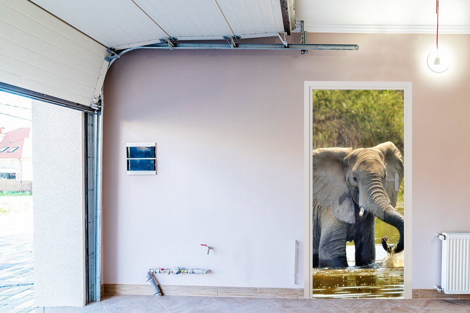 (1 Türtapete Elefant MuchoWow Fototapete cm Türaufkleber, Tür, bedruckt, - 75x205 Natur, Wasser St), - Tiere - für Matt,