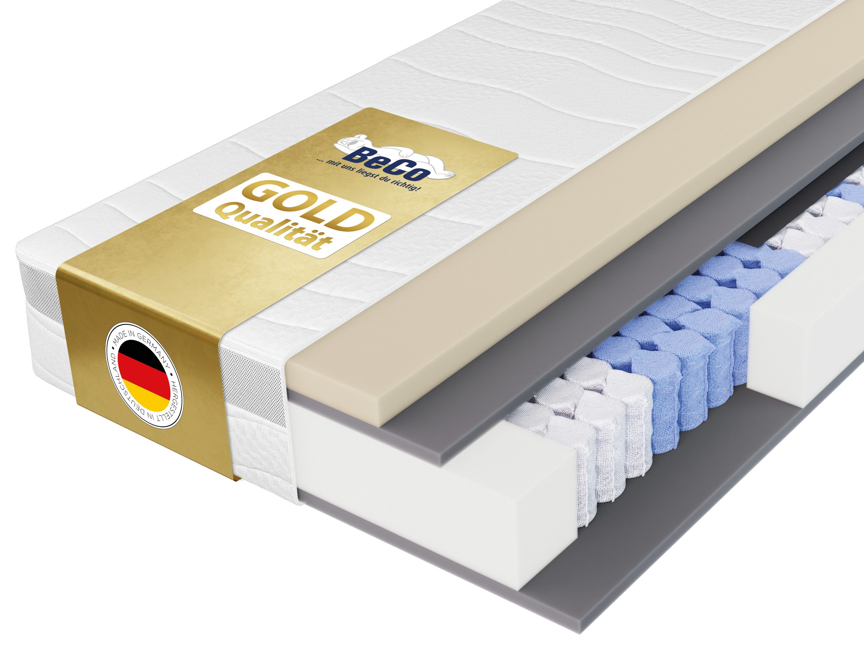 Taschenfederkernmatratze Feel Like Latex ONE TFK - GOLD, Matratze 90x200 cm, 140x200 cm & mehr, Beco, 21 cm hoch, Punktelastische Matratze mit stabilem Federkern, atmungsaktiv