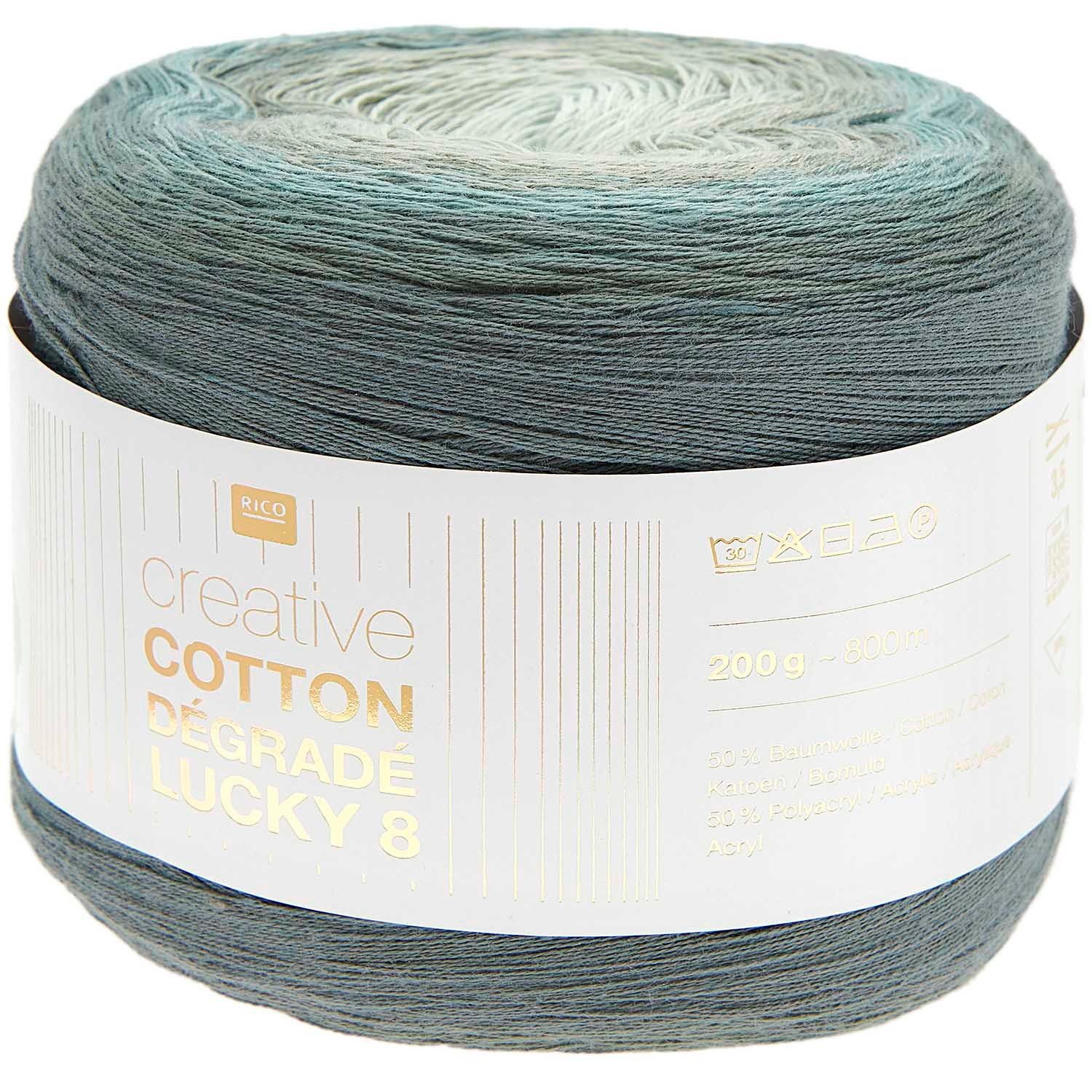 Rico Design Wolle Creative Cotton Dégradé Lucky 8, Farbverlaufsgarn Bobbel Häkelwolle, 800,00 m (Baumwollgarn mit Farbverlauf, Handstrickgarn, Strickwolle, Strickgarn, Baumwollmischgarn Baumwolle Polyacryl), mit Strickanleitung und Häkelanleitung zum download