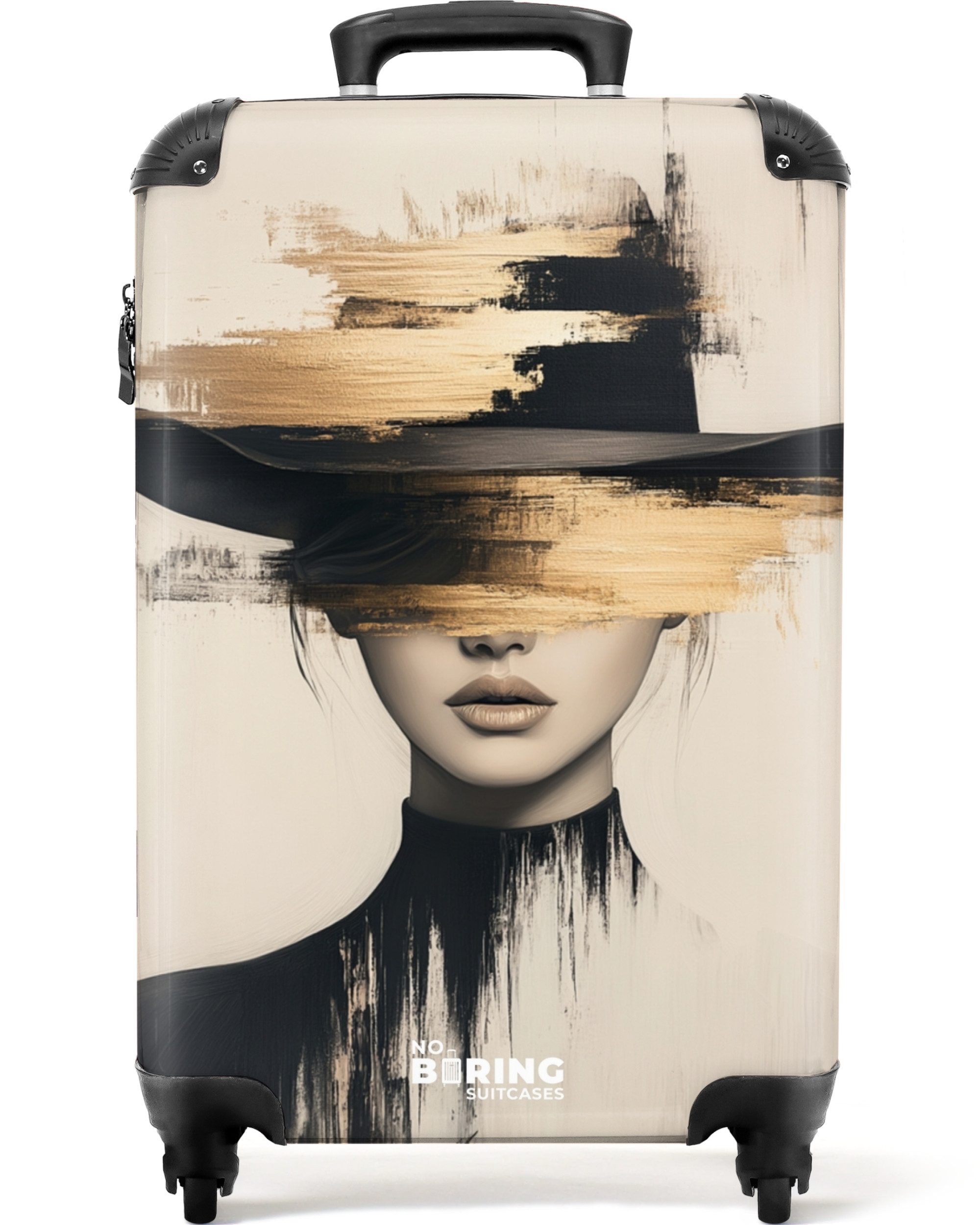 NoBoringSuitcases.com© Hartschalen-Trolley Frau mit schwarzem Hut auf cremefarbenem Hintergrund 55x35x20cm, Reisetasche mit Rollen, Koffer Handgepäck Flugzeug