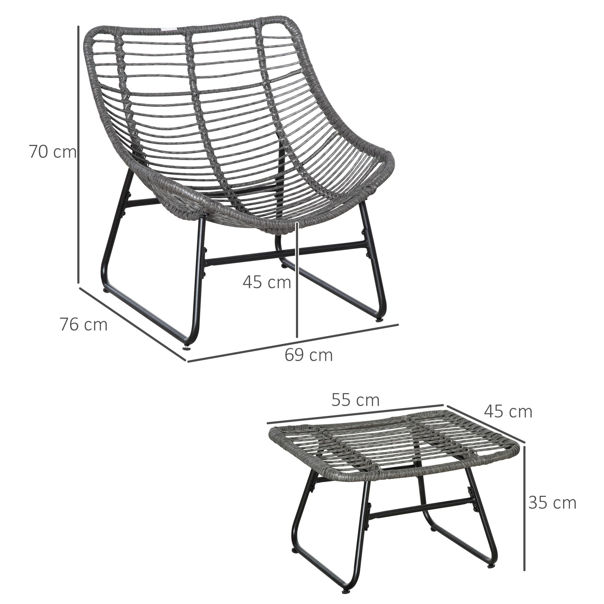 Outsunny Sitzgruppe Rattanstuhl mit Kissen, (Gartensessel, 2-tlg., Rattan Relaxsessel), Stahl Polyester Grau 69 x 76 x 70 cm – Bild 3 von 5