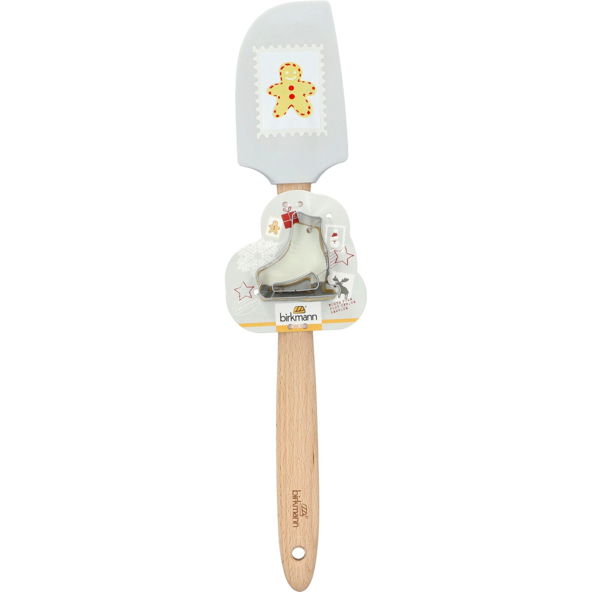 RBV Birkmann Teigschaber Teigschaber Gingerman mit Ausstecher Holzgriff Silikon, 2-in-1 Funktion (Schaben & Ausstechen), winterliches Design