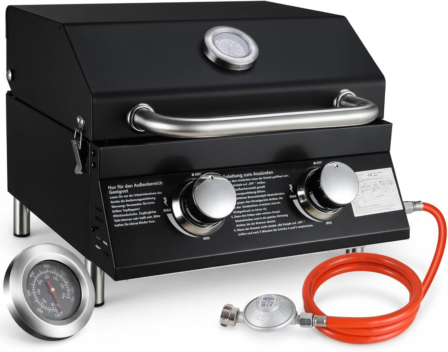 TLGREEN Camping-Gasgrill 2 Brenner Gasgrill Tragbar, Kompakter Tischgasgrill mit Emailliertem Grillrost & Thermometer, 4.4kW Camping Gasgrill für BBQ/Balkon/Garten, 42x33cm Grillfläche, Schwarz/Edelstahl, 9,6kg Leichtgewicht