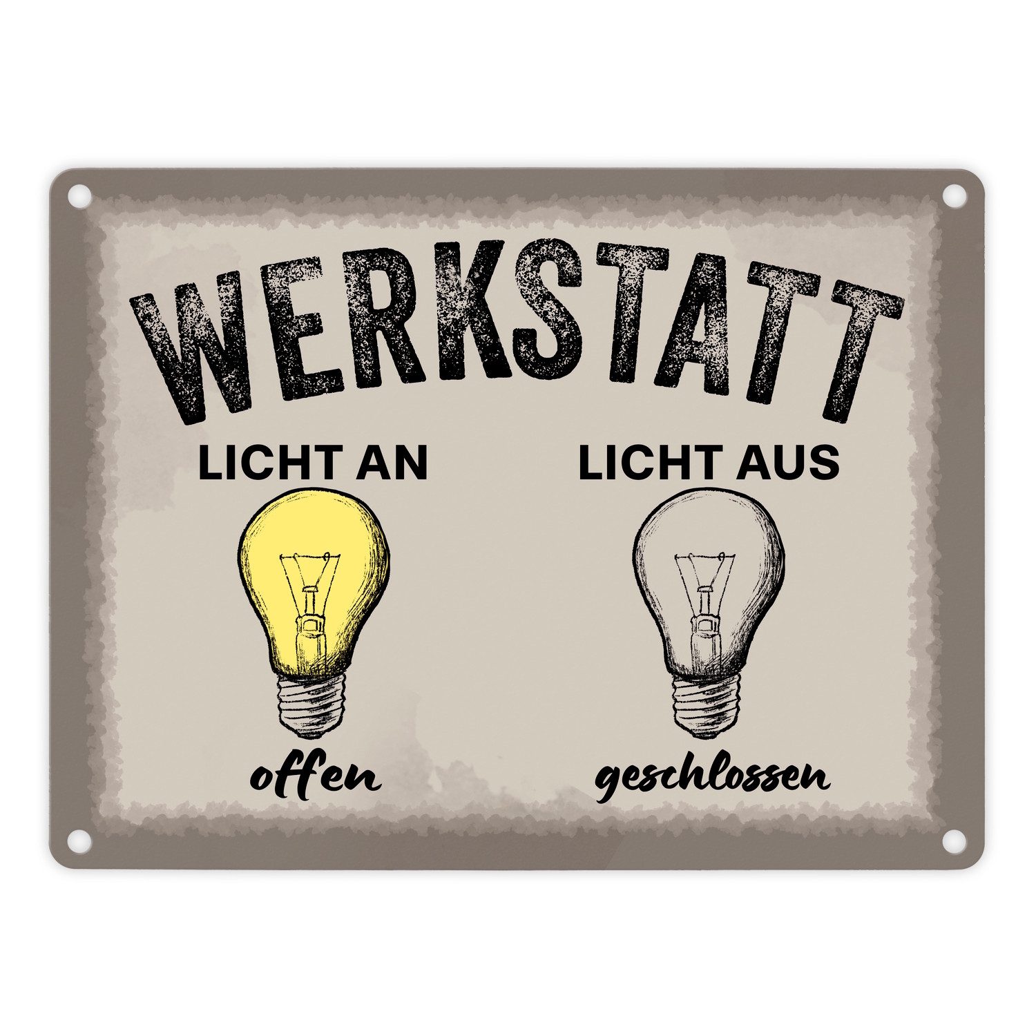 Metallschild Öffnungszeiten Metallschild in 15x20 cm mit Spruch Werkstatt Licht an