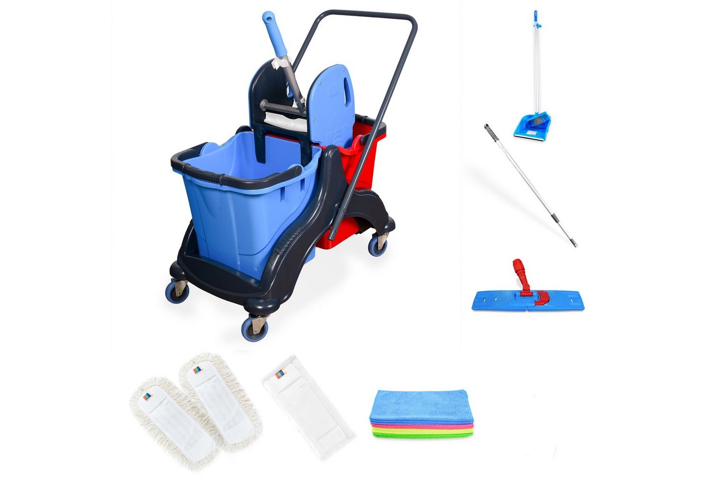 Thumbnail - Hypafol Putzwagen, (SET, 2x Eimer, Mopp-Presse, 3x Wisch-Möppe, Mikrofasertücher, Kehrgarnitur)