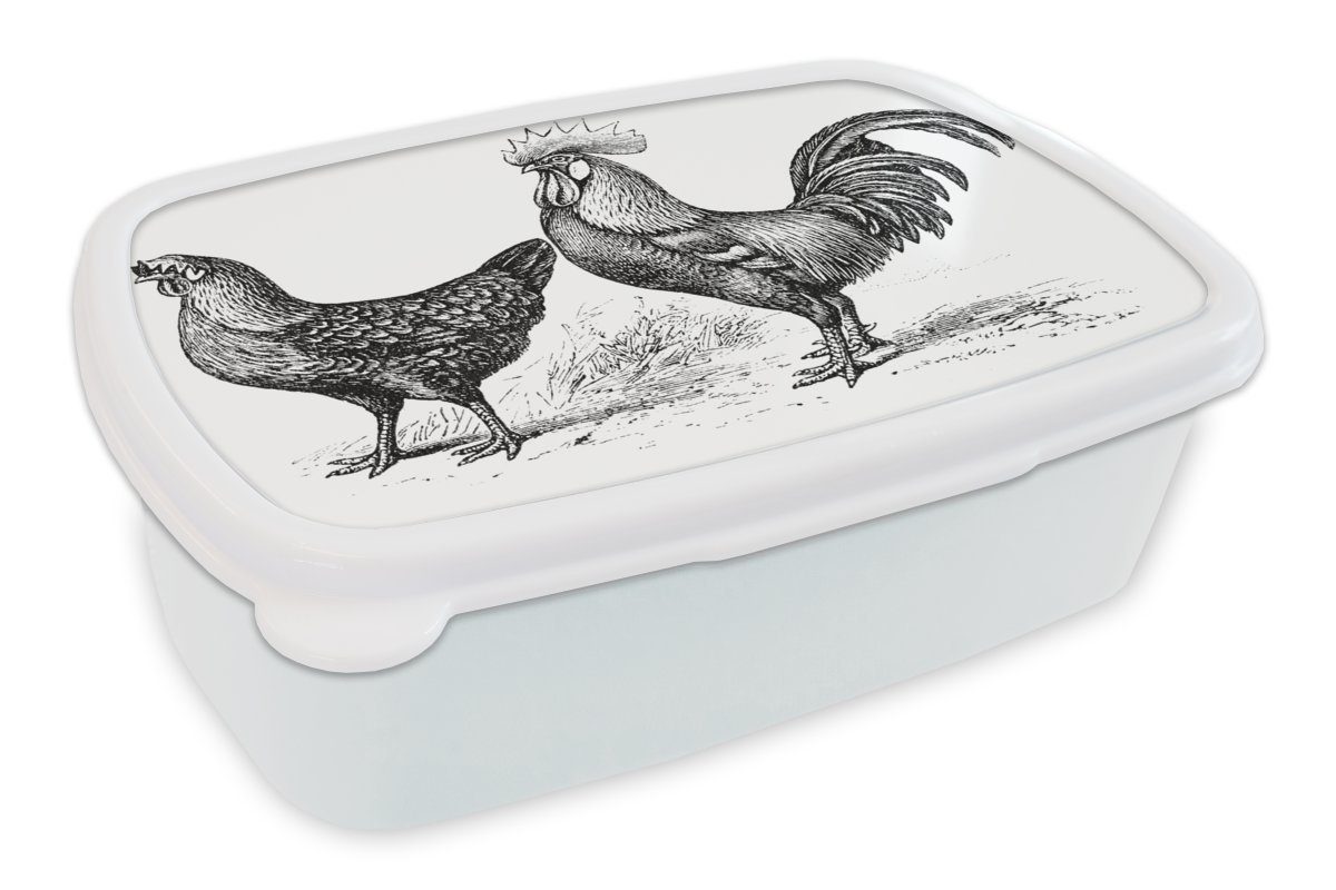 MuchoWow Lunchbox Illustration eines Huhns und eines Hahns in Schwarz und Weiß, Kunststoff, (2-tlg), Brotbox für Kinder und Erwachsene, Brotdose, für Jungs und Mädchen