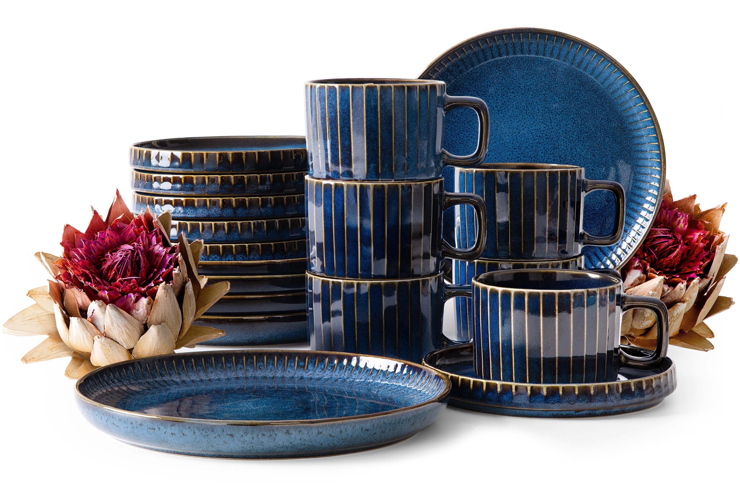 KONSIMO® Kaffeeservice AD STRIPES Kombiservice, Kaffeetassen-Set, Reaktivglasur (18-tlg), 6 Personen, Porzellan, spülmaschinengeeignet, mikrowellengeeignet, handgefertigt