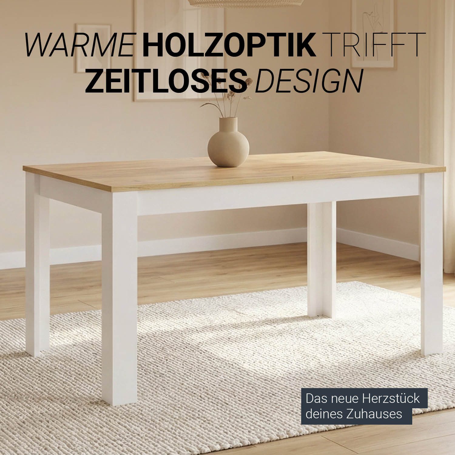 Homestyle4u Esstisch Esszimmertisch 86x135 bis 86x184 ausziehbar Holztisch Weiß Küchentisch, Platte Eiche Kraft Gold Optik – Bild 5 von 5
