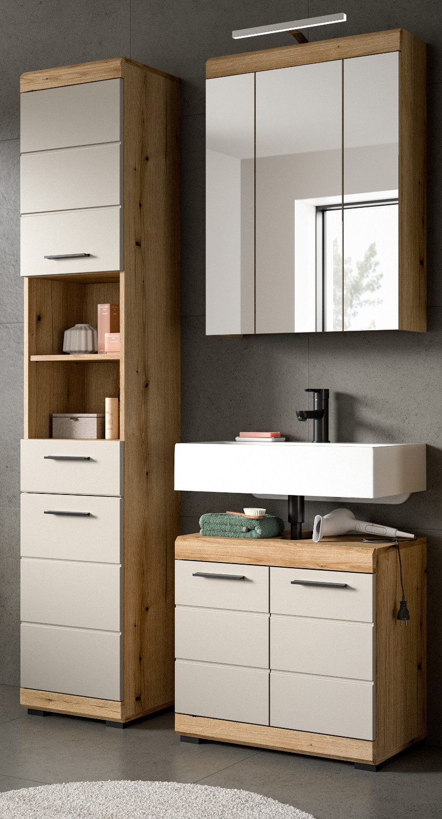 Inn.Furn Badmöbel-Set Shawn, (Badezimmer 3-teilig in Eiche und Sand / Kasch günstig online kaufen