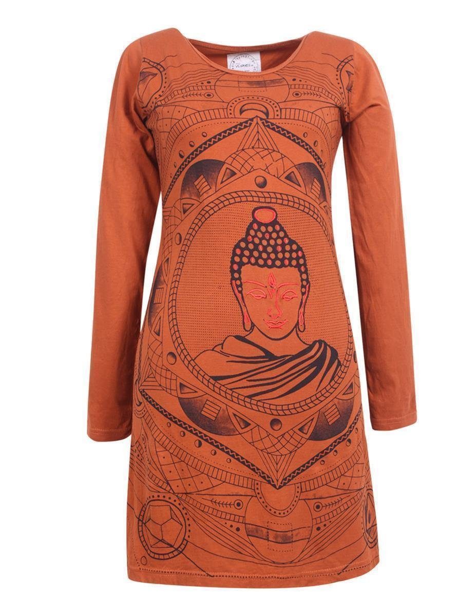 Shirtkleid Hippie Langarm Midikleid Style mit Druck Vishes Baumwollkleid Übergangskleid, orange Buddha