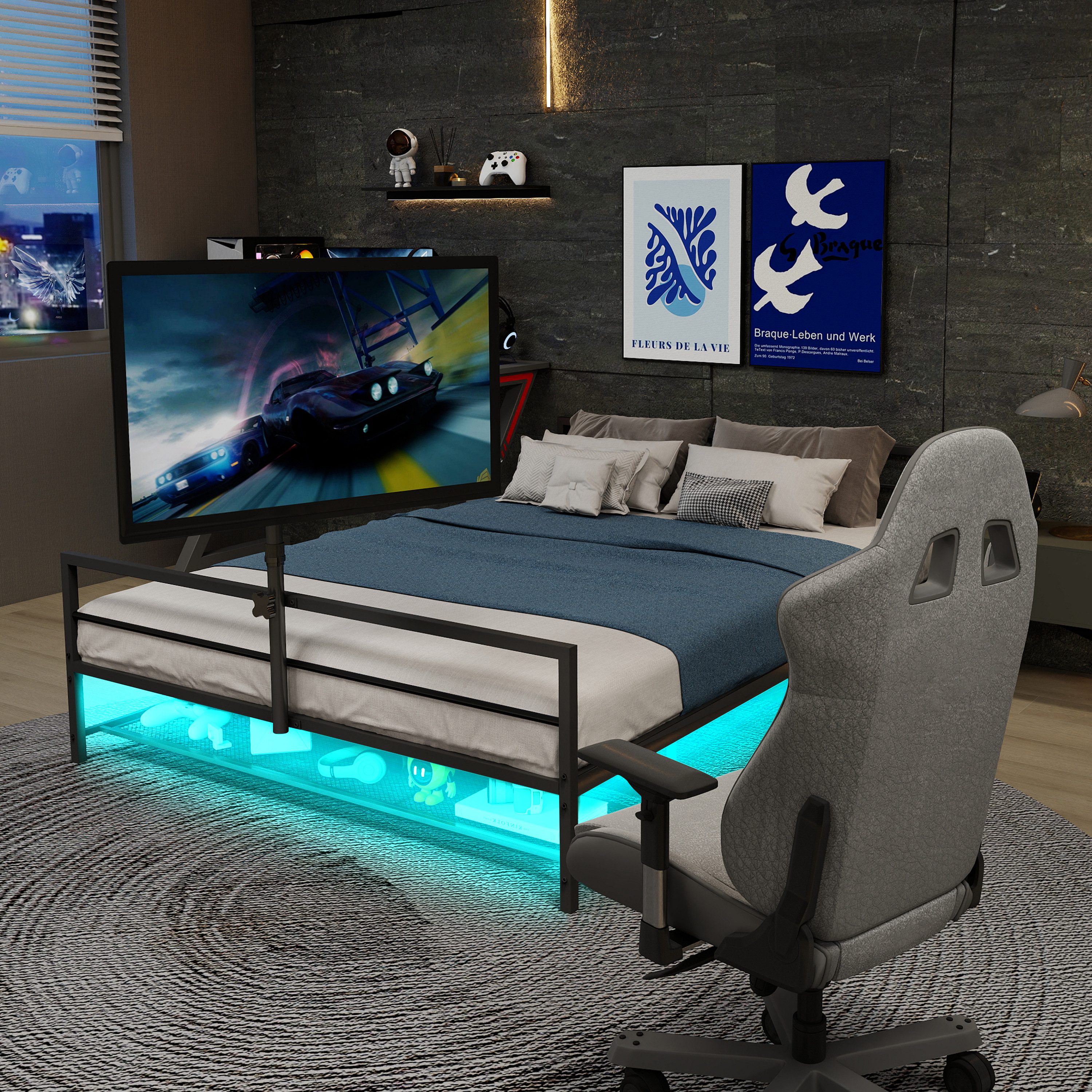 OKWISH Metallbett Eisenbett (Gaming-Bett mit LED-Beleuchtung, verstellbarer Monitorhalterung und praktischen Aufbewahrungskörben, mit stabiler Metallstruktur und 330 Pfund Tragfähigkeit), ohne Matratze