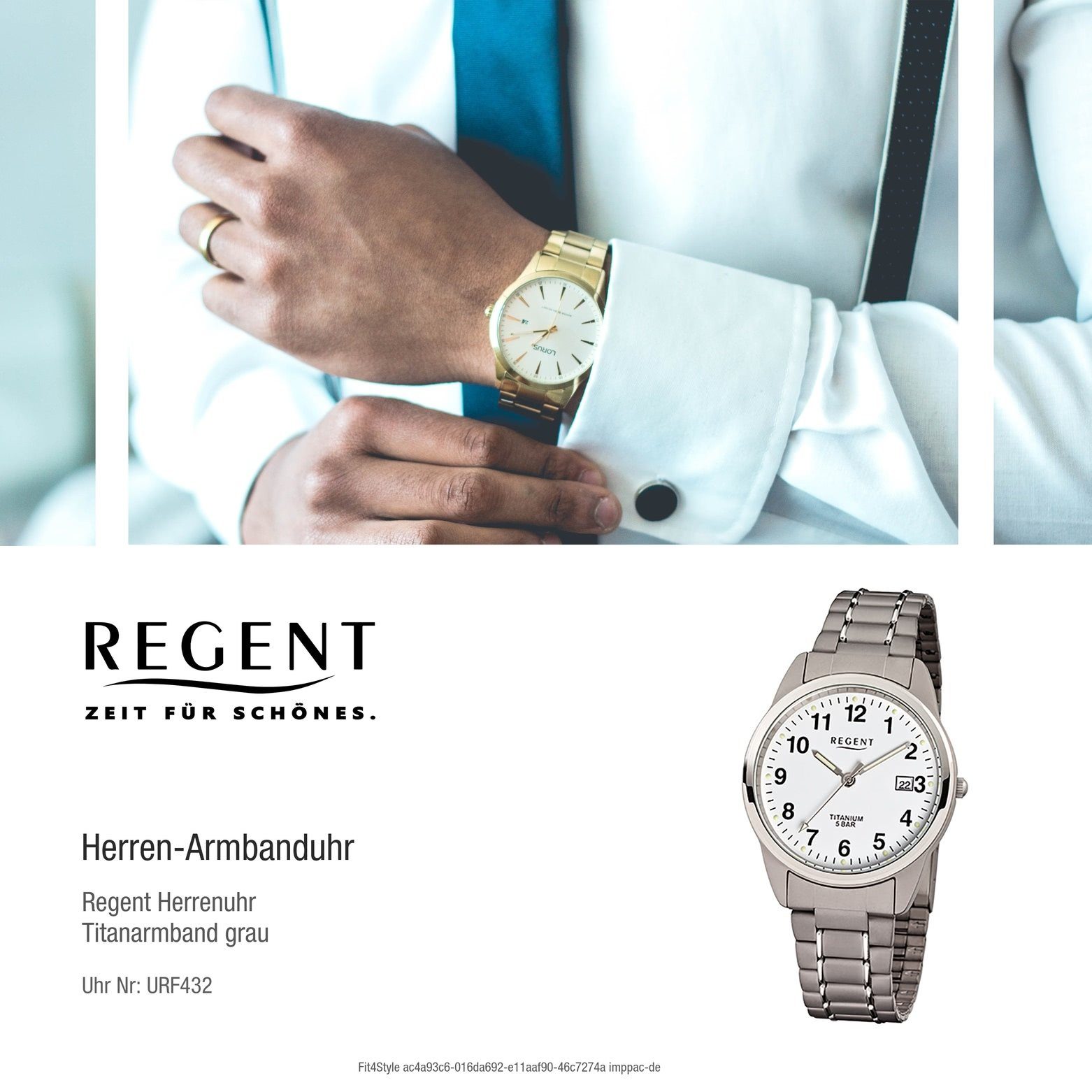 Regent Quarzuhr Herren-Armbanduhr Analog, grau Armbanduhr silber Herren rund, 36mm), mittel Titanarmband (ca. Regent
