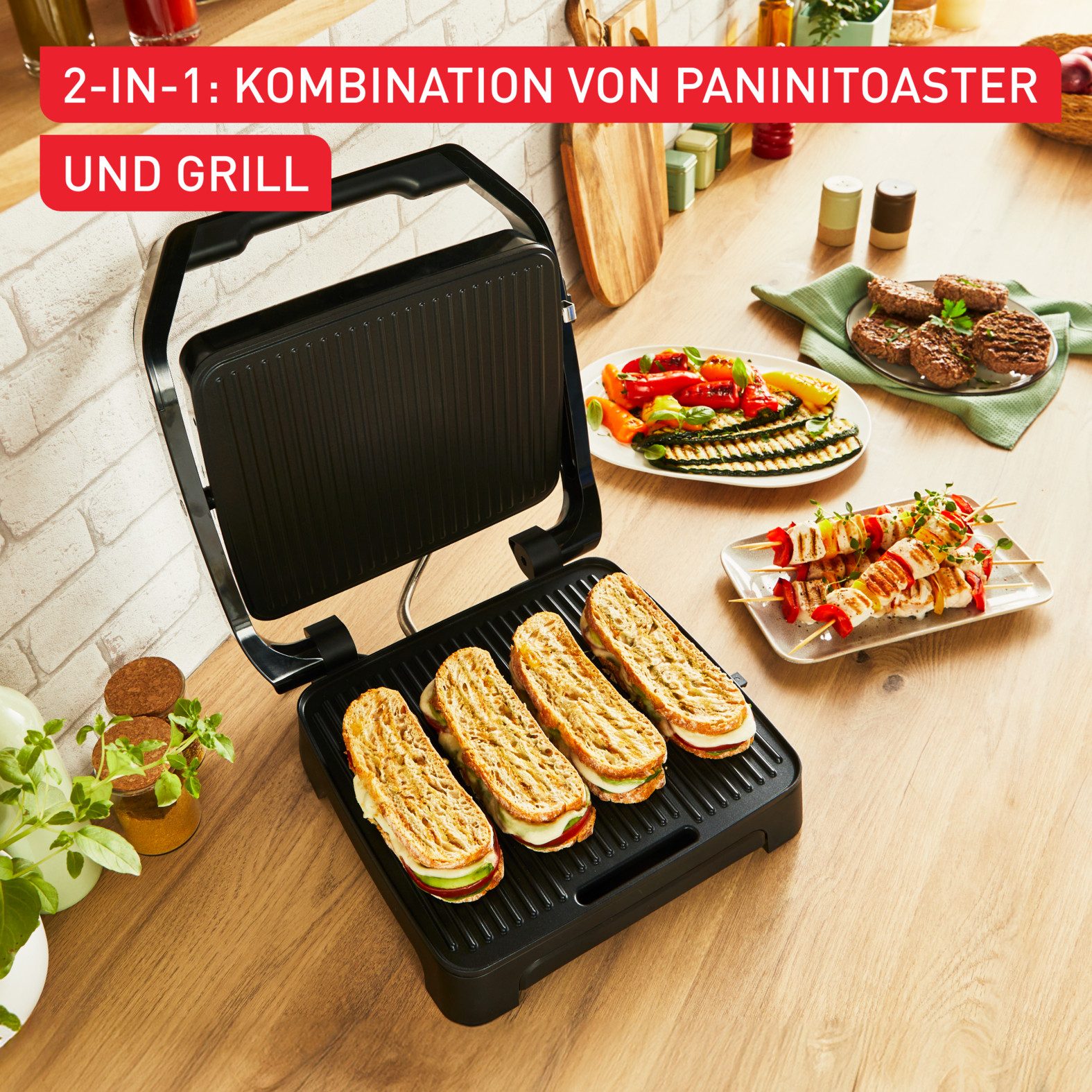 Tefal Kontaktgrill Inicio Classic, 2-in-1 Panini/Grill, antihaftbeschichtete Platten, 2000 W, Platzsparende Aufbewahrung, spülmaschinenfeste Saftschale, GC2718