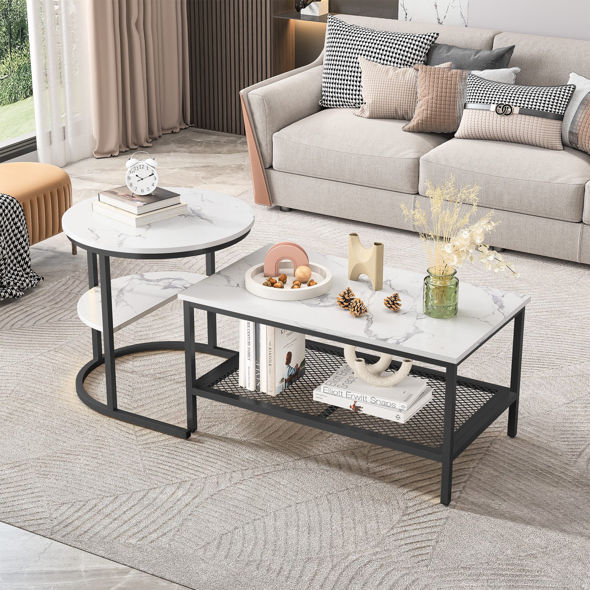 SEEZSSA Couchtisch 2er Set Satztisch Wohnzimmertisch Beistelltisch mit Marmor, für Wohnzimmer Kaffeetisch Schwarz,Metall,mit Bodenschutz – Bild 3 von 5