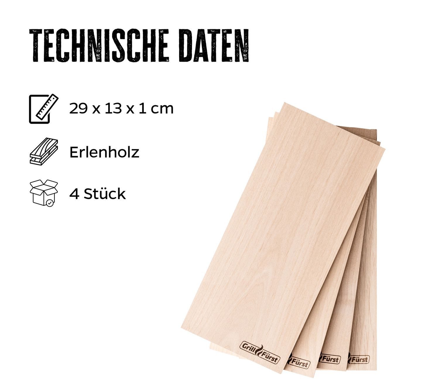 Grillfürst Räucherbrett Grillfürst Räucherbretter Erle 29 x 13 x 1cm 4er Set