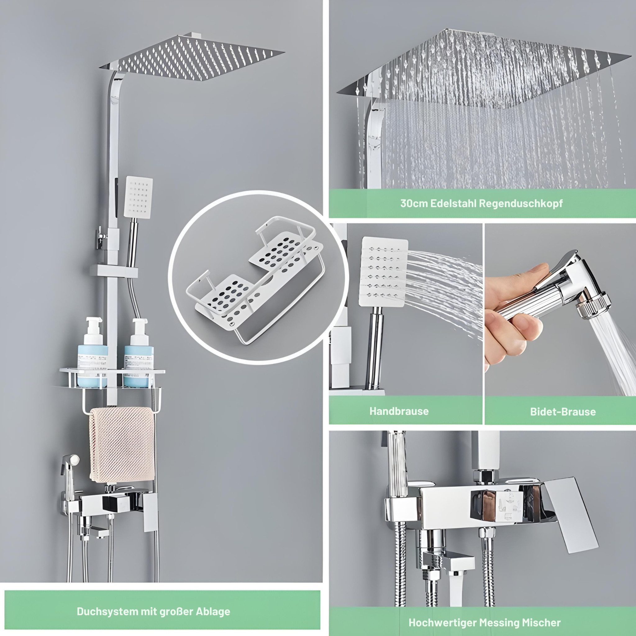 LuxaSteel Duschsystem Duschsystem mit Regendusche, 2 Handbrausen & Ablage, 5 Strahlart(en), Komplett-Set, Thermostat mit Brausegarnitur mit Kopfbrause, 3-fach verstellbare Wellness Handbrause, integrierte Ablage