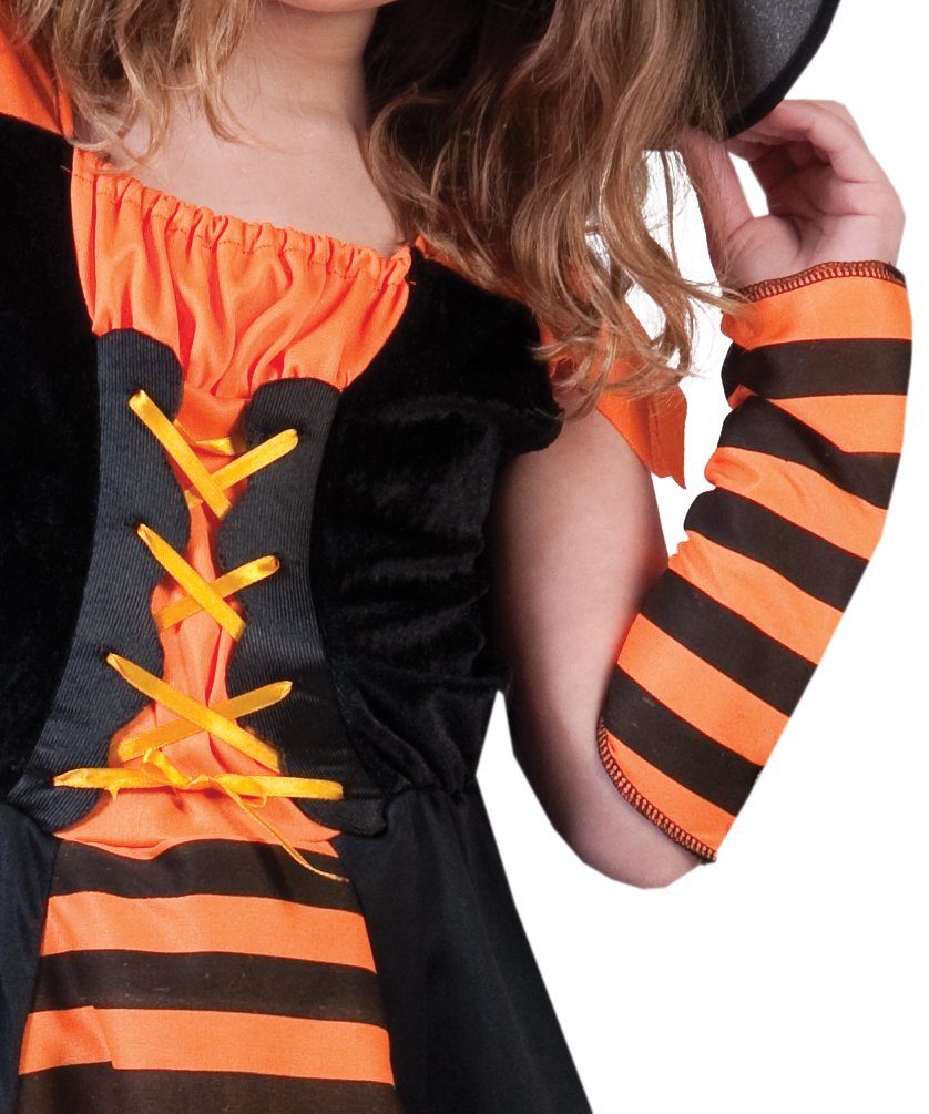 Karneval-Klamotten Hexen-Kostüm schwarz orange Hexenkleid mit Hexenhut, Armstulpen, Kinderkostüm Mädchenkostüm Halloween Kleid mit Armstulpen und Hut