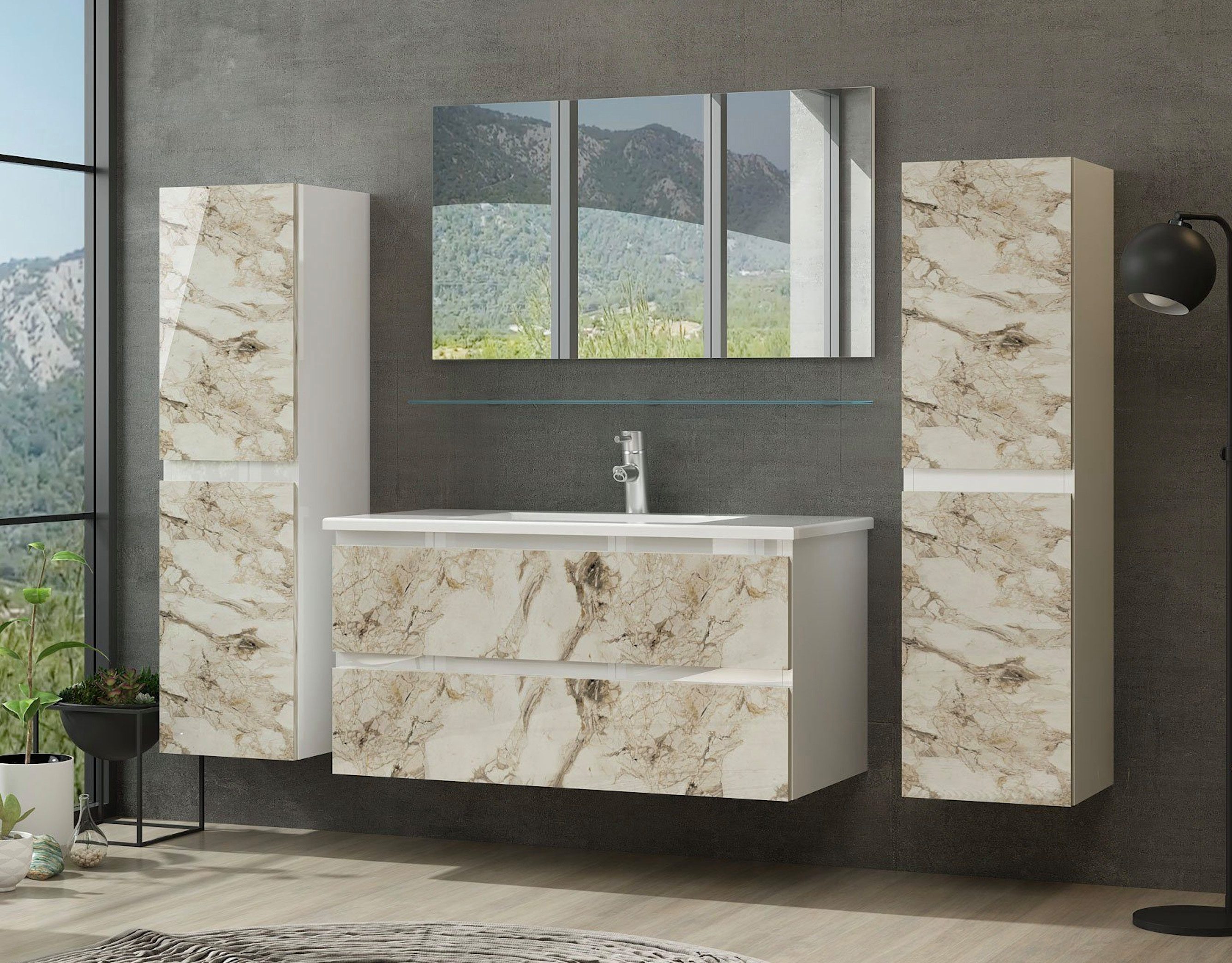 Homeline Badmöbel-Set Doppel Waschbecken Diana New in 3 Größen badmöbel Set Badezimmer Möbel, (Komplettes Badmöbel Set, 6-St., Badmöbel Weiß/Mamor Optik Hochglanz 6 Teilig Badezimmermöbel), Hochglanz Optik Mit 2 Schubladen