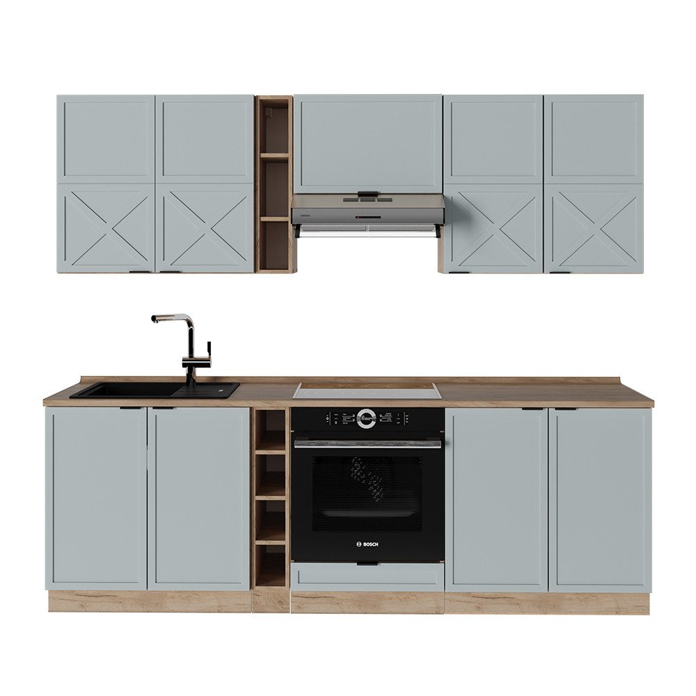 Vicco Küchenzeile Fame-Line, Hellblau-grau/Goldkraft Eiche/Goldkraft Eiche, 235 cm oh...