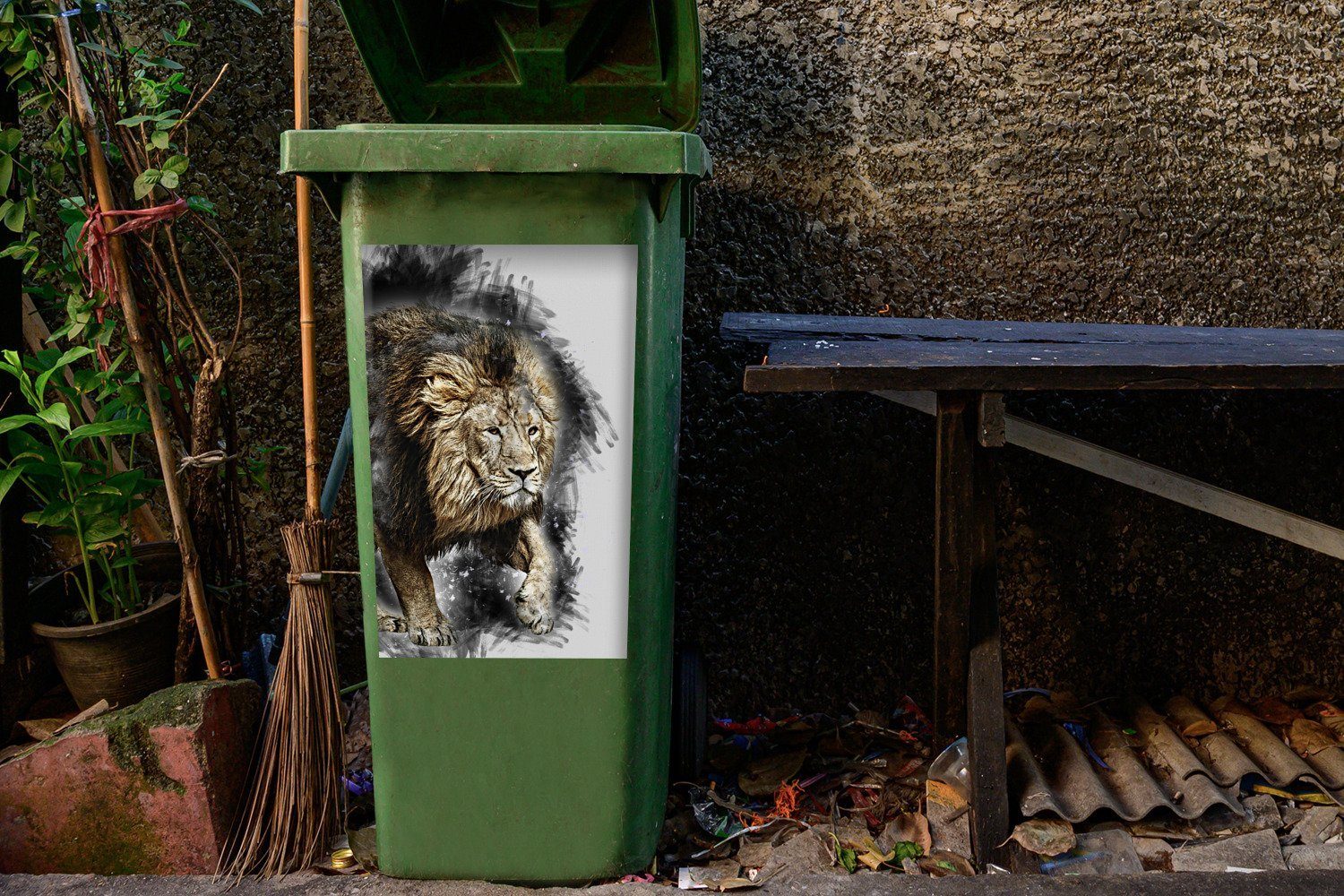 Abfalbehälter (1 Wandsticker Mülltonne, St), - Schwarz Sticker, Container, MuchoWow Illustration Löwe - Mülleimer-aufkleber,